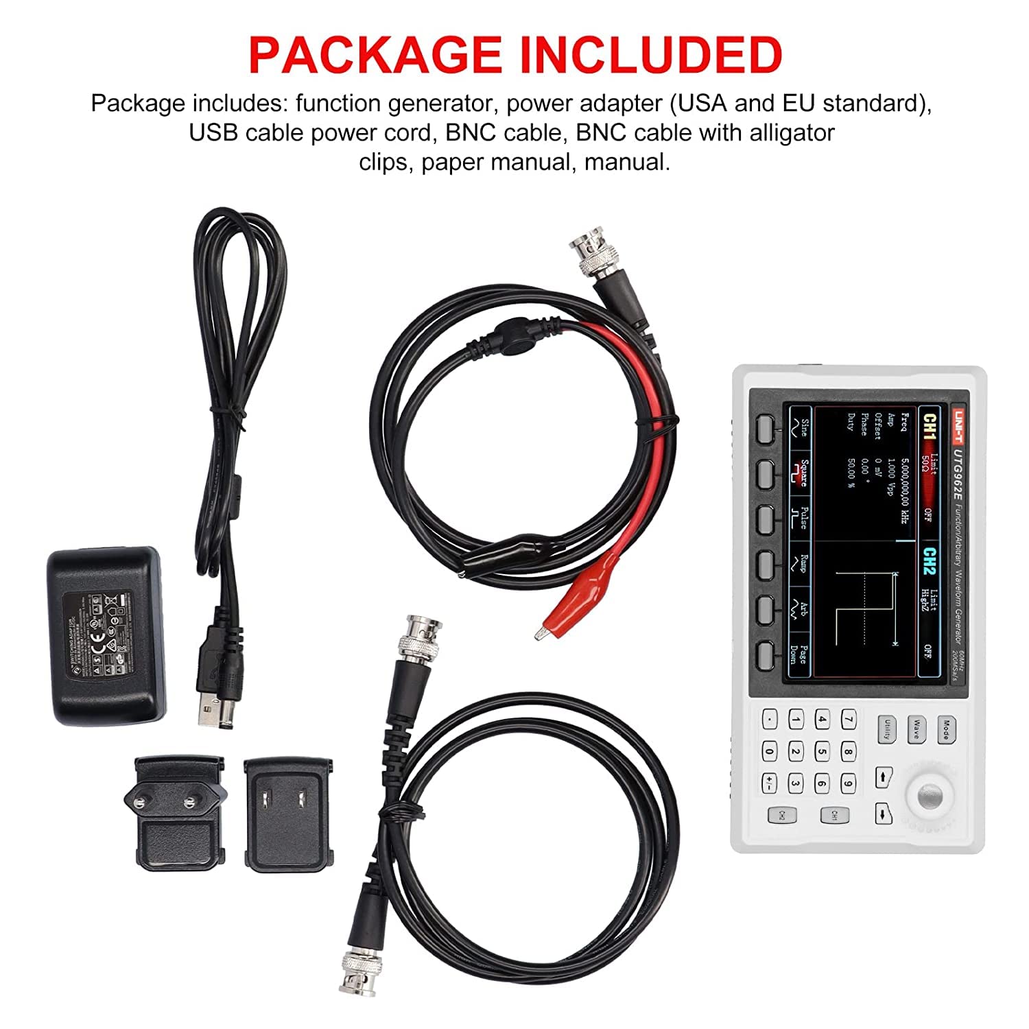 UNI-T UTG962E Signalgenerator, DDS 60MHz Function Arbitrary Waveform Generator mit 4,3 Zoll TFT LCD, 200MSa/s 2-Kanal Frequenzmesser (110-240V EU Plug) Shop in Deutschland, 3 Jahre Garantie !