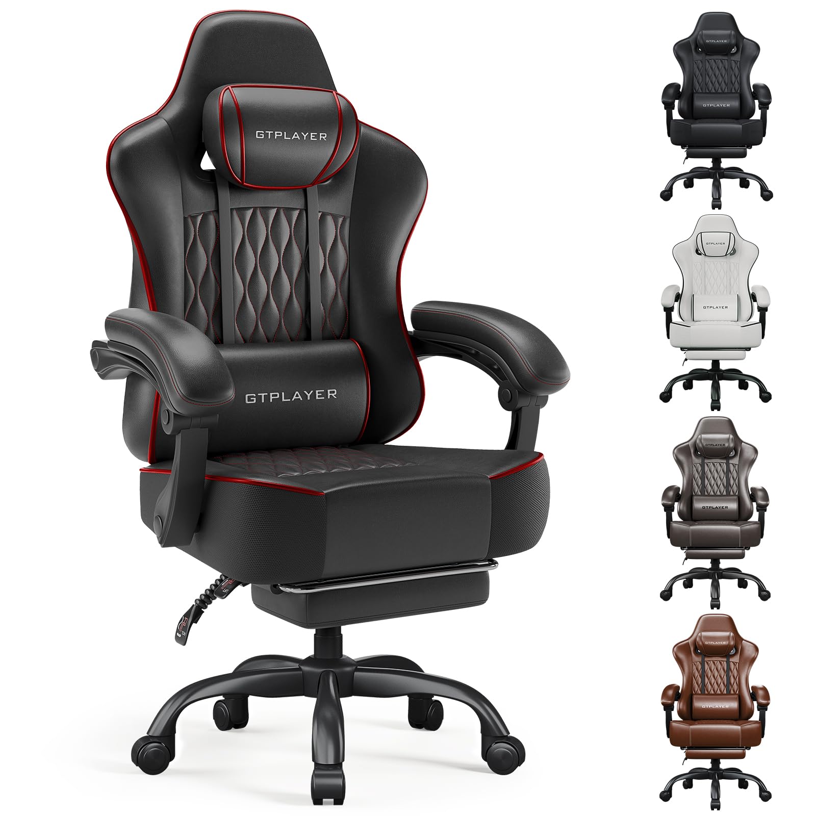 GTPLAYER Big and Tall Gaming Chair with Footrest, Ergonomic Office Desk Chair with 4.4in Thick Cushion and Wide Wingless Seat, Comfortable Leather