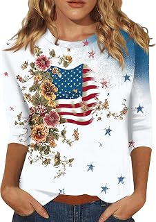 4Th of July Shirts for Women 3/4 Sleeve Cute Tops July 4Th Tshirts Spring Crew Neck Work Casual Vacation Outfits 2026