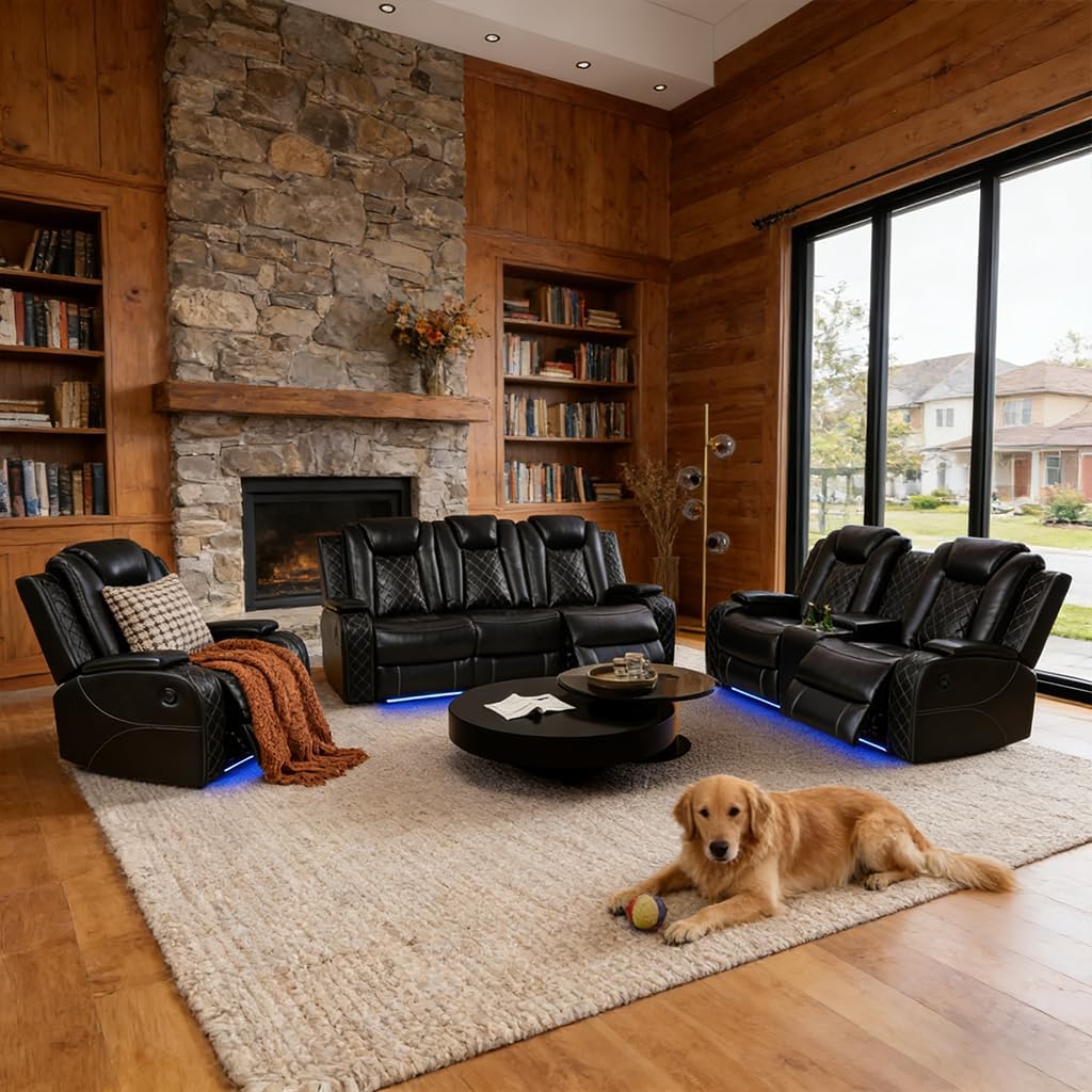 Pon Living Luxurious Leather Sectional Sofa Set with LED Lights, Power Recliner Sectional Sofa Set, Living Room Furniture Sets with Cup Holders/USB Port & Storage Consoles Modern Style
