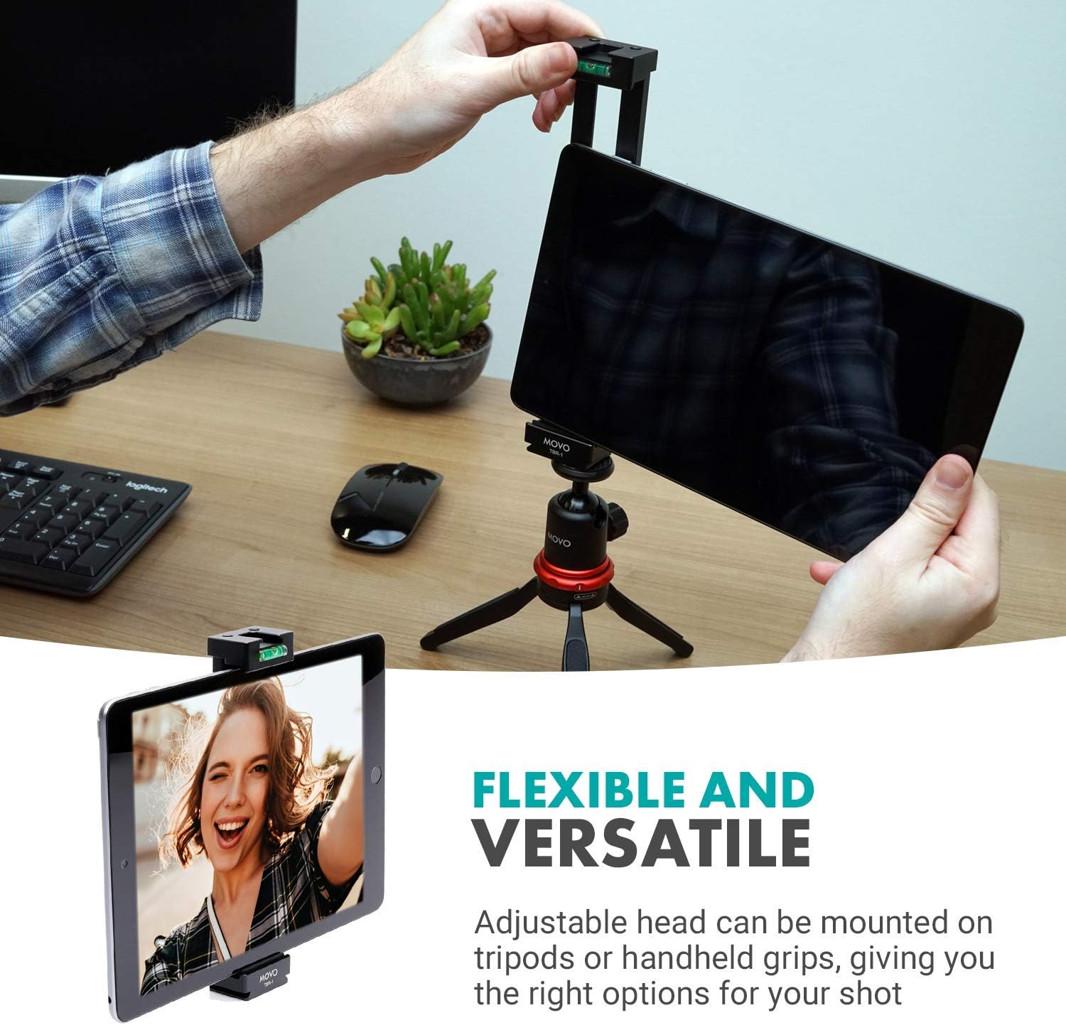 Movo TBR-1 Universal Tablet Tripod Mount with Cold Shoe for Mini Microphone, Aluminum, Compatible with iPad, Samsung Galaxy, Android Tablets and More