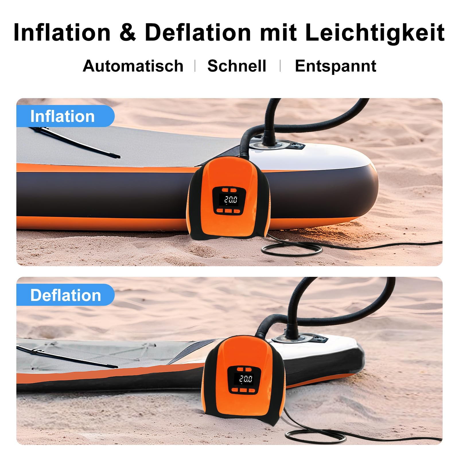 Pompa elettrica SUP 20 PSI, 12 V, pompa ad aria ad alta pressione con auto-off, display LCD, luce LED, 7 adattatori per stand up paddle board gonfiabile, kayak