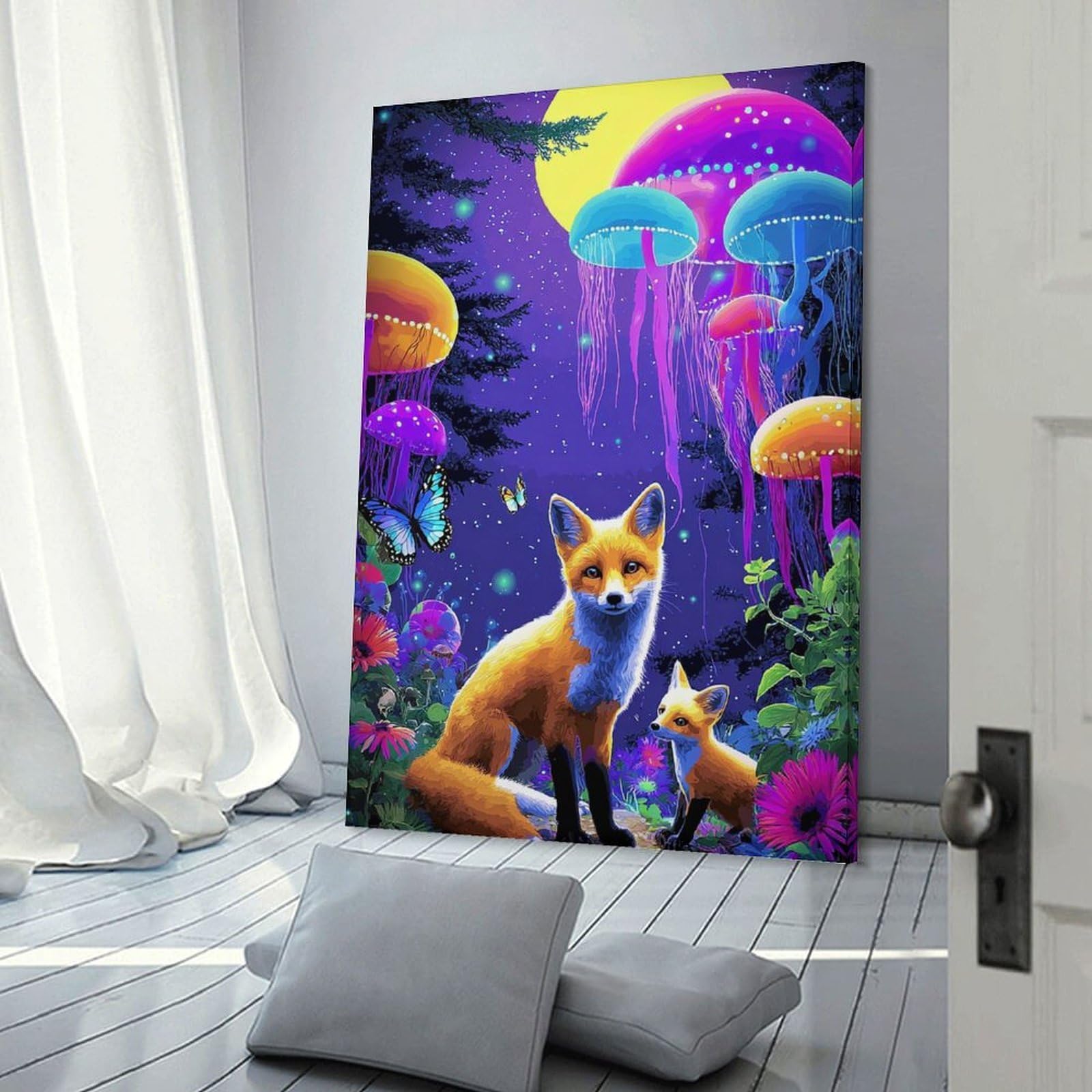 Junmoney Enchanted Forest with Foxes And Jellyfish Mushrooms Wall Decor Canvas Print 16x24inch(40x60cm), for Lounge, Study, Hallway Or Flat Walls, Decorative Artwork with Broad Appeal