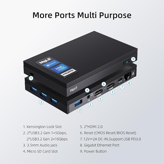MeLE Fanless Mini PC Quieter3Q N5100 4GB 128GB with Windows 11 Home, Micro Computer WiFi 5 Small Desktop USB-C PD3.0, Gigabit Ethernet, Dual HDMI 4K, Auto Power on, PXE Support M.2 SSD