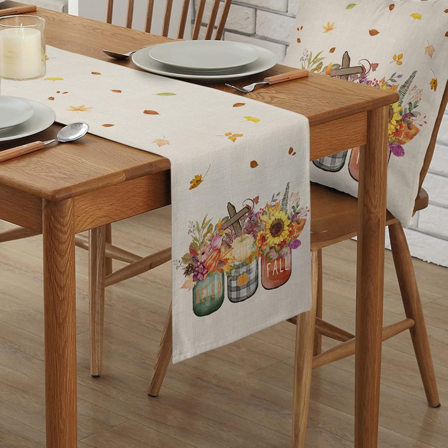 Hello Fall Table Runner Thanksgiving Cotton Linen Coffee Table Runner, Floral Vase Seasonal Autumn Vintage Kitchen Dining Table Runner for Indoor Outdoor Party Decor 13 x 120 Inch