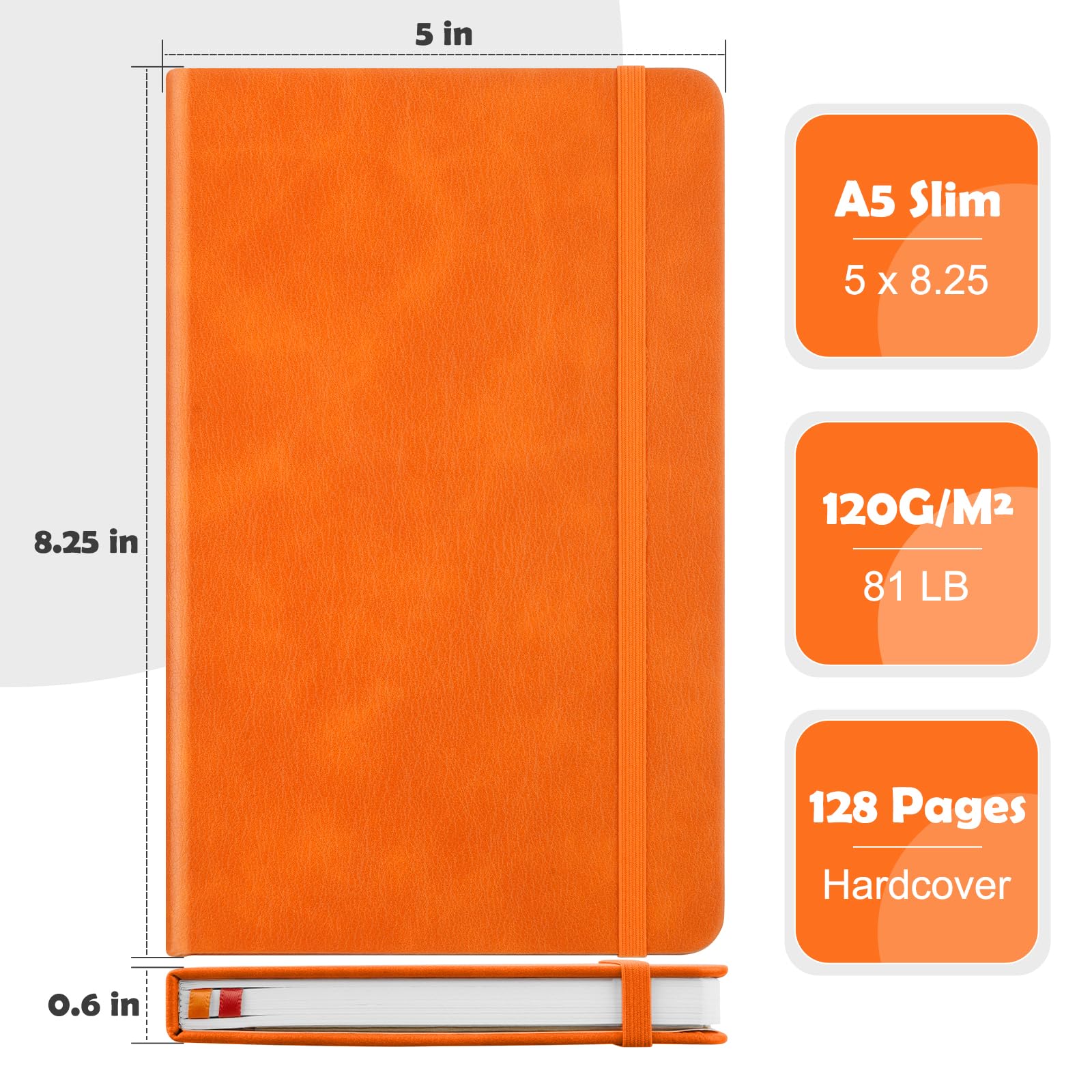 Carnet de notes A5 à pointillés (orange), édition portable A5, taille 12,7 x 21 cm, papier épais de 120 g/m², 128 pages, couverture rigide avec autocollants