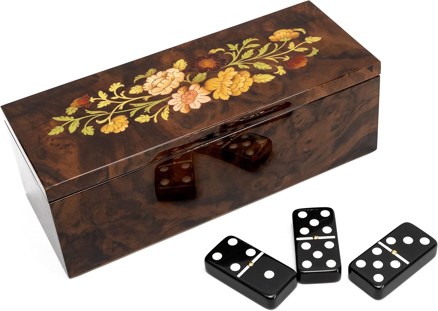 Bello Collezioni - Via Vicarisi Luxury Double Six Black Professional Jumbo Size Tournament Dominoes Set with Uniquely Artistic Inlays from Italy in a Burl Wood Case