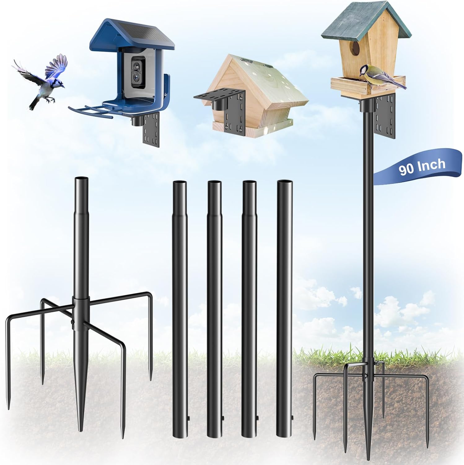 Bird Feeder Pole Stand – 90 Inch Height Feeding Station with 1-Inch Dia Heavy Duty for Hanging Feeders, Bird House Pole Mount Kit for Outdoor, Slip-Fit Connection Black 90 Inch