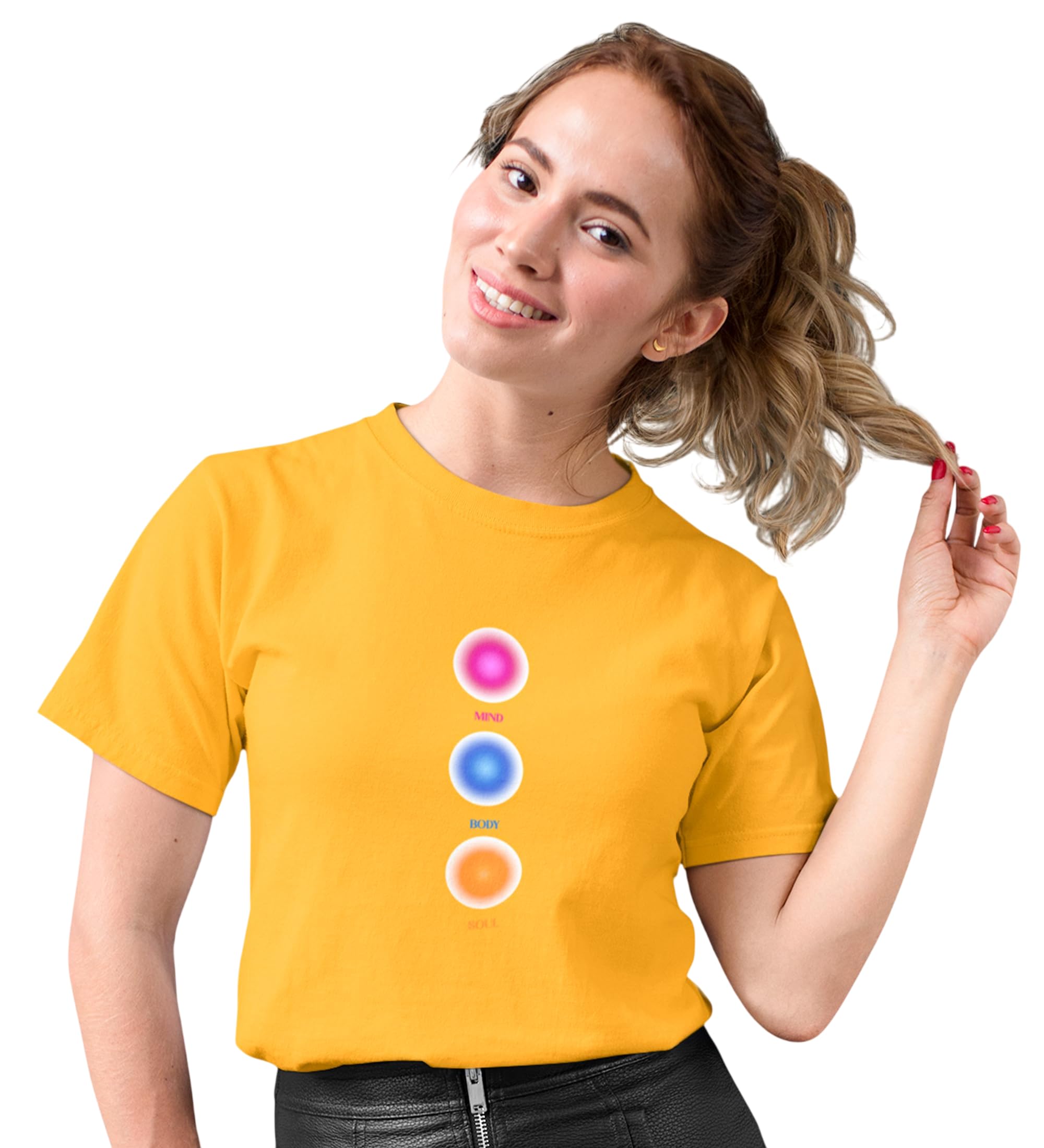 Balanced Life : Printed Round Neck Cotton Yellow T-Shirt for Womens-image-3