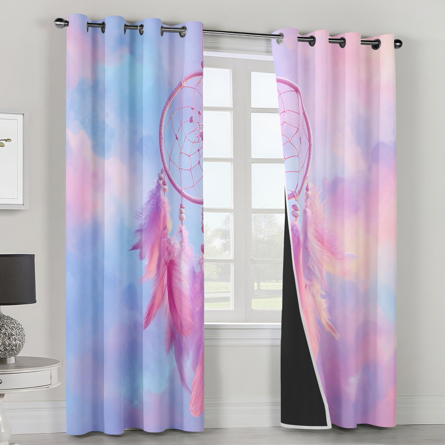 Generisch Blickdichte Vorhänge Traumfänger, Wohnzimmer Schlafzimmer Deko, Traumfänger Rosa Gardinen mit Ösen, Thermo Verdunklungsvorhänge 2er Set H175 x B140 cm pw&28
