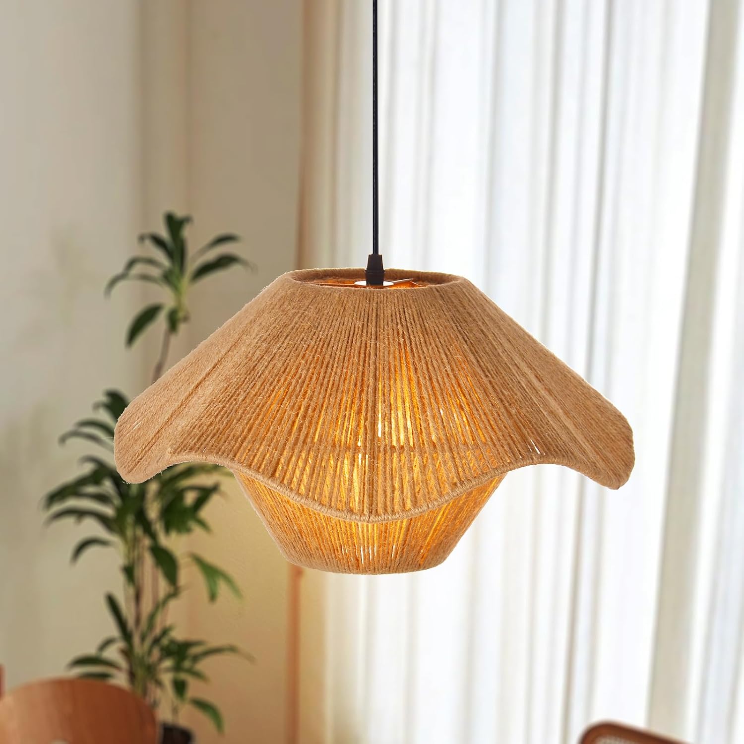 Arturesthome Woven Pendant Lighting,Boho Hanging Lamp Adjustable Rustic Farmhouse Chandelier Rattan Lamp Shade for Kitchen Living Room Bedroom 15.74"