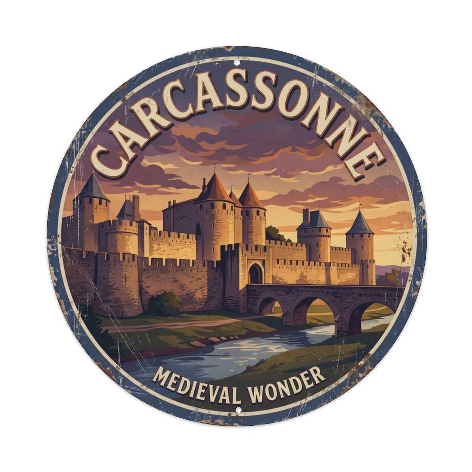 Vintage Travel Carcassonne Castle Sunset Metal Tin Sign Plaque Wall Decor for Cafe, Club, Garden Round Metal Poster 8x8Inch