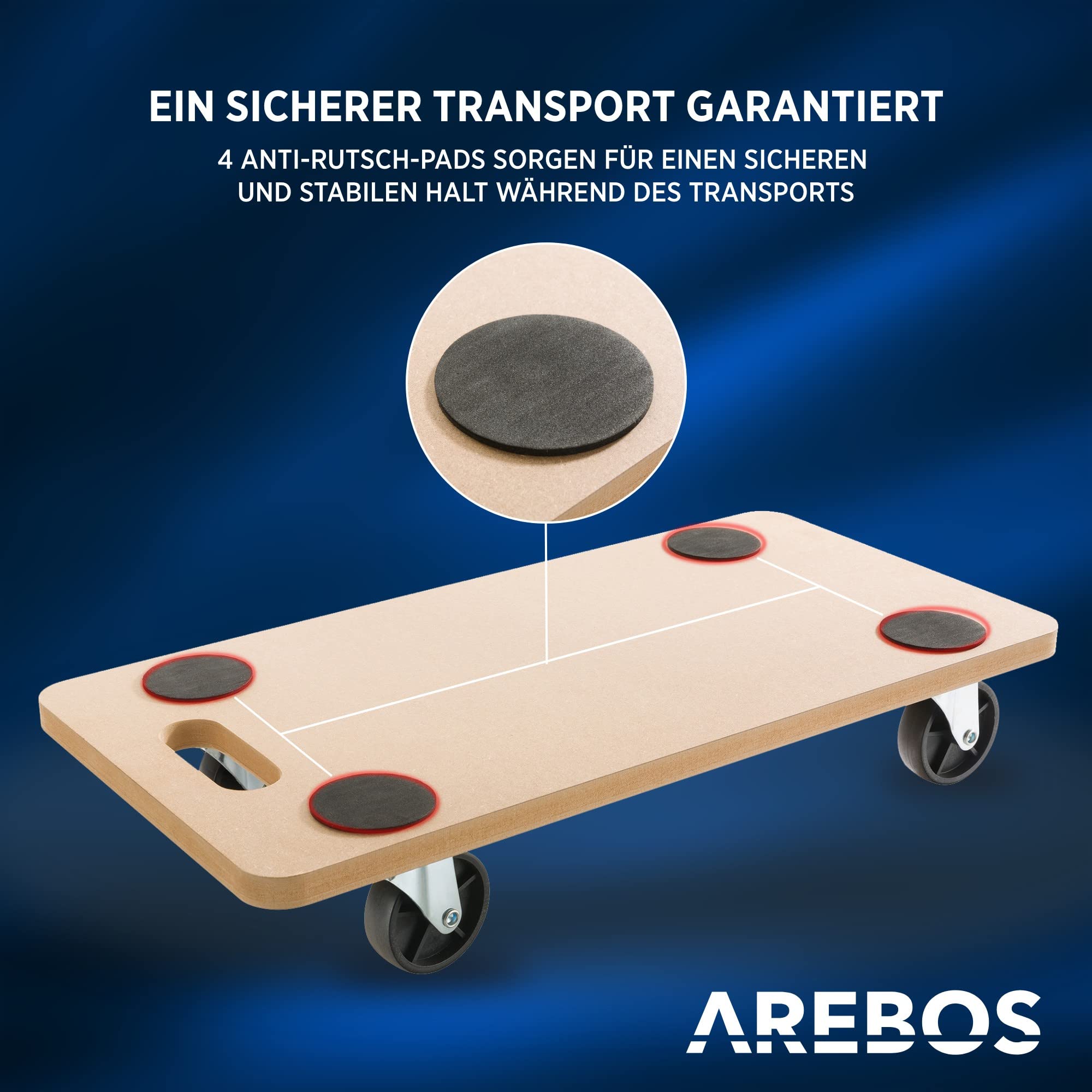 Arebos Rollbrett | 4 Stück | bis zu 200 kg Traglast | inkl. Gummipads | Transportroller Möbelroller Transporthilfe für Umzug Möbel-Transport
