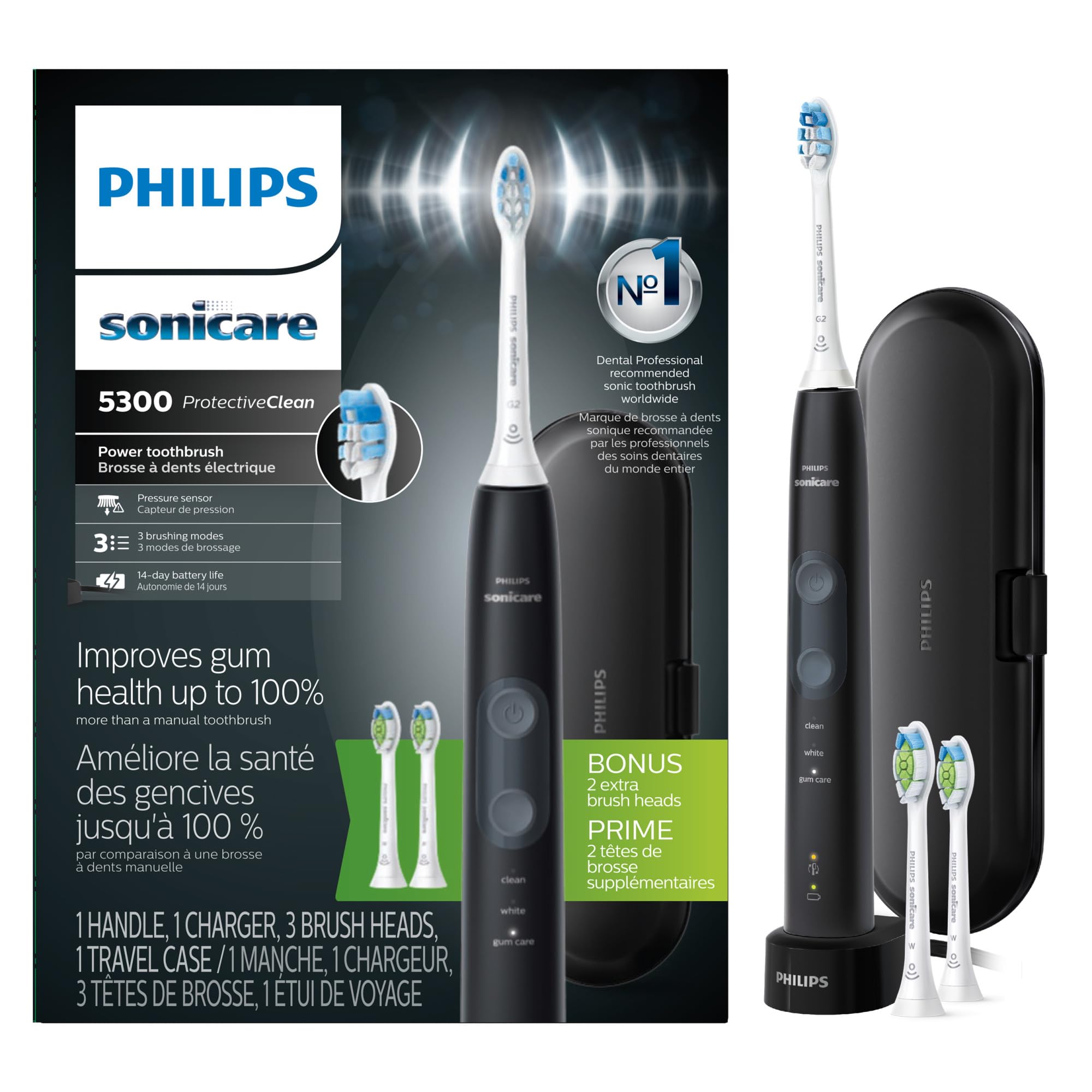 Philips Sonicare ProtectiveClean 5300 Rechargeable Electric Toothbrush, with Pressure Sensor, 3 Cleaning Modes, SmarTimer and QuadPacer, with 2 Bonus Brush Heads, Travel Case, Black, Model HX6423/34GreenCircle Certified: Certified Environmental Facts Label