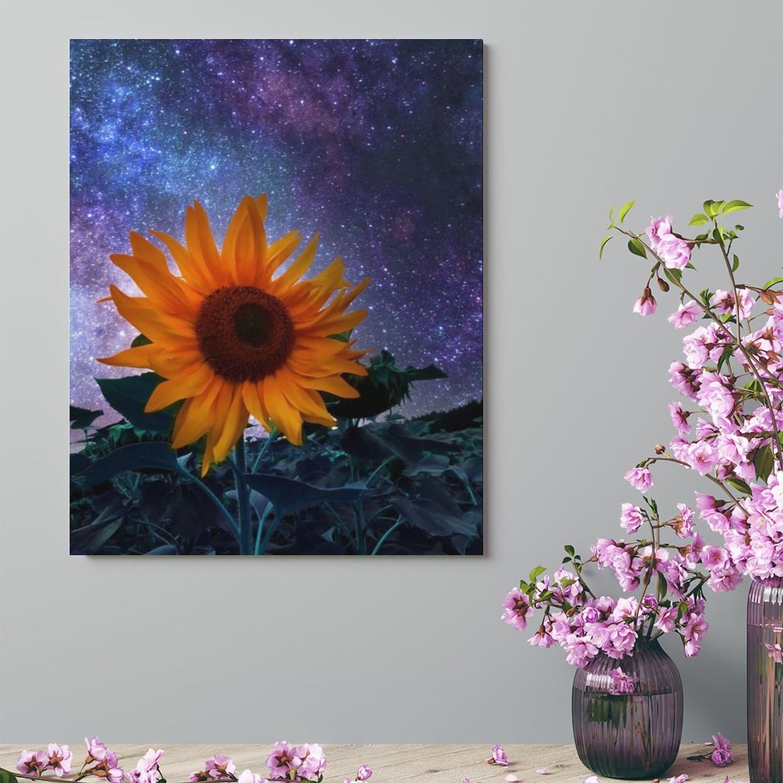 Amazon.co.jp: 絵画 夜空の野原のひまわりインテリア 絵画 宇宙的な