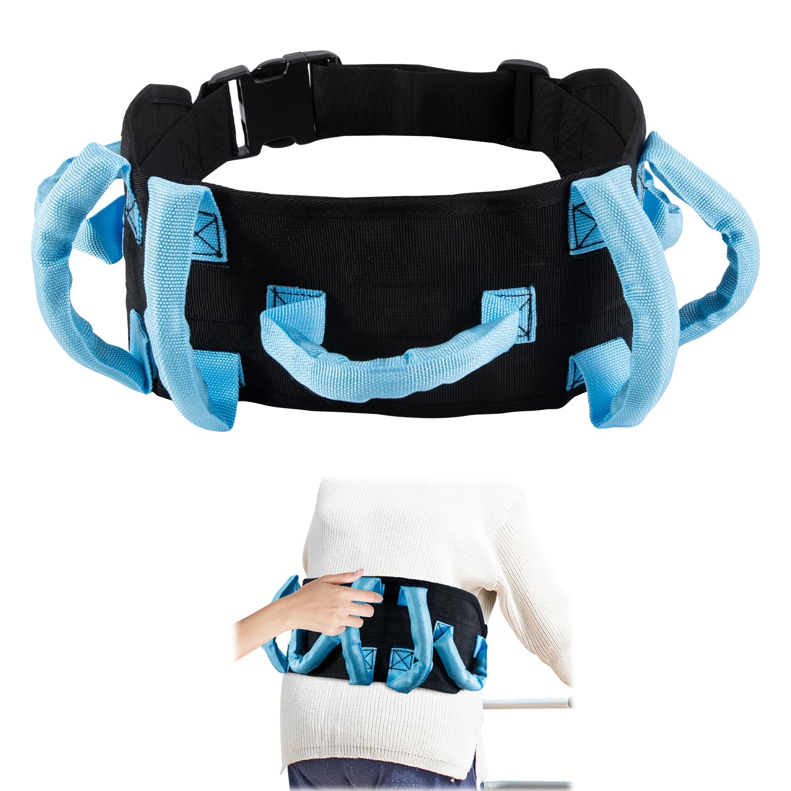 Gait Belt Blau Schwarz, Anti-Rutsch Transfergurt mit 7 Griffen & Schnellverschluss, 27-50 Zoll verstellbar, für Senioren, Pflege & Rehabilitation, 1680D Polyester