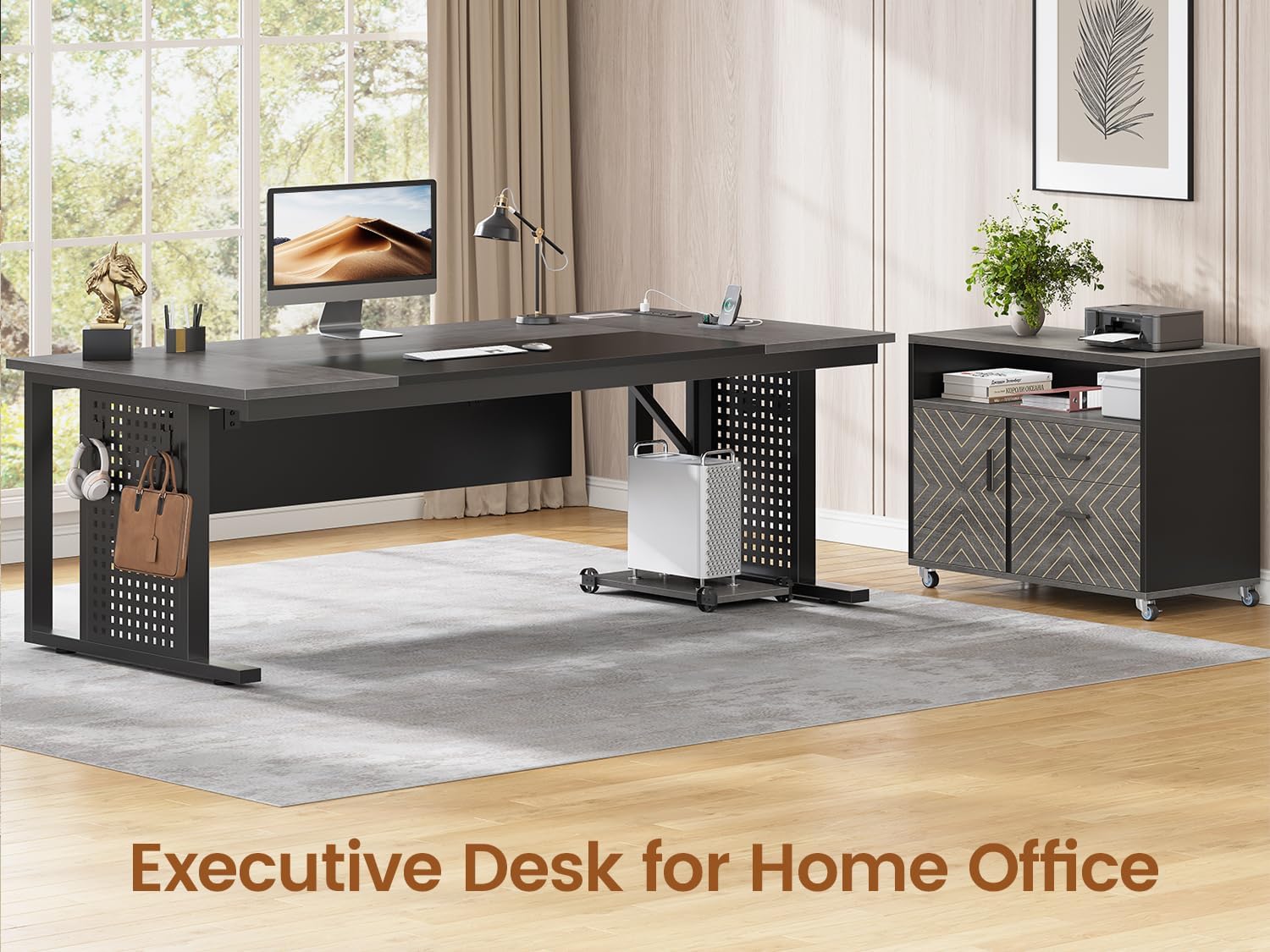 SEDETA 71" Executive Desk with Rolling File Cabinet, Large Office Desk with Drawers, L Shaped Computer Desk with Power Outlets, CPU Stand, Pegboard and Storage Shelves, Gray