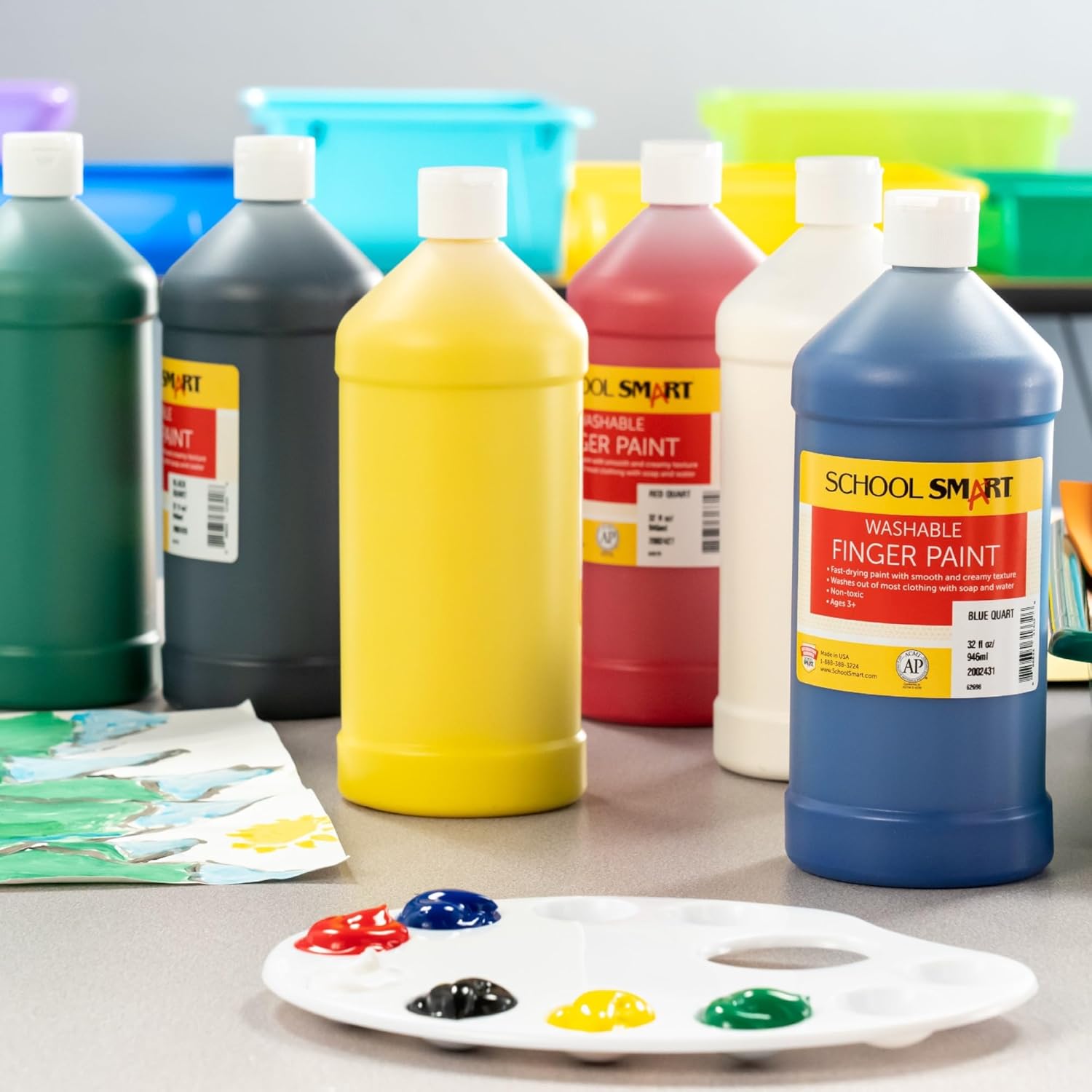 School Smart Washable Finger Paints, 32 Ounces Each, Assorted Primary Colors, Set of 6