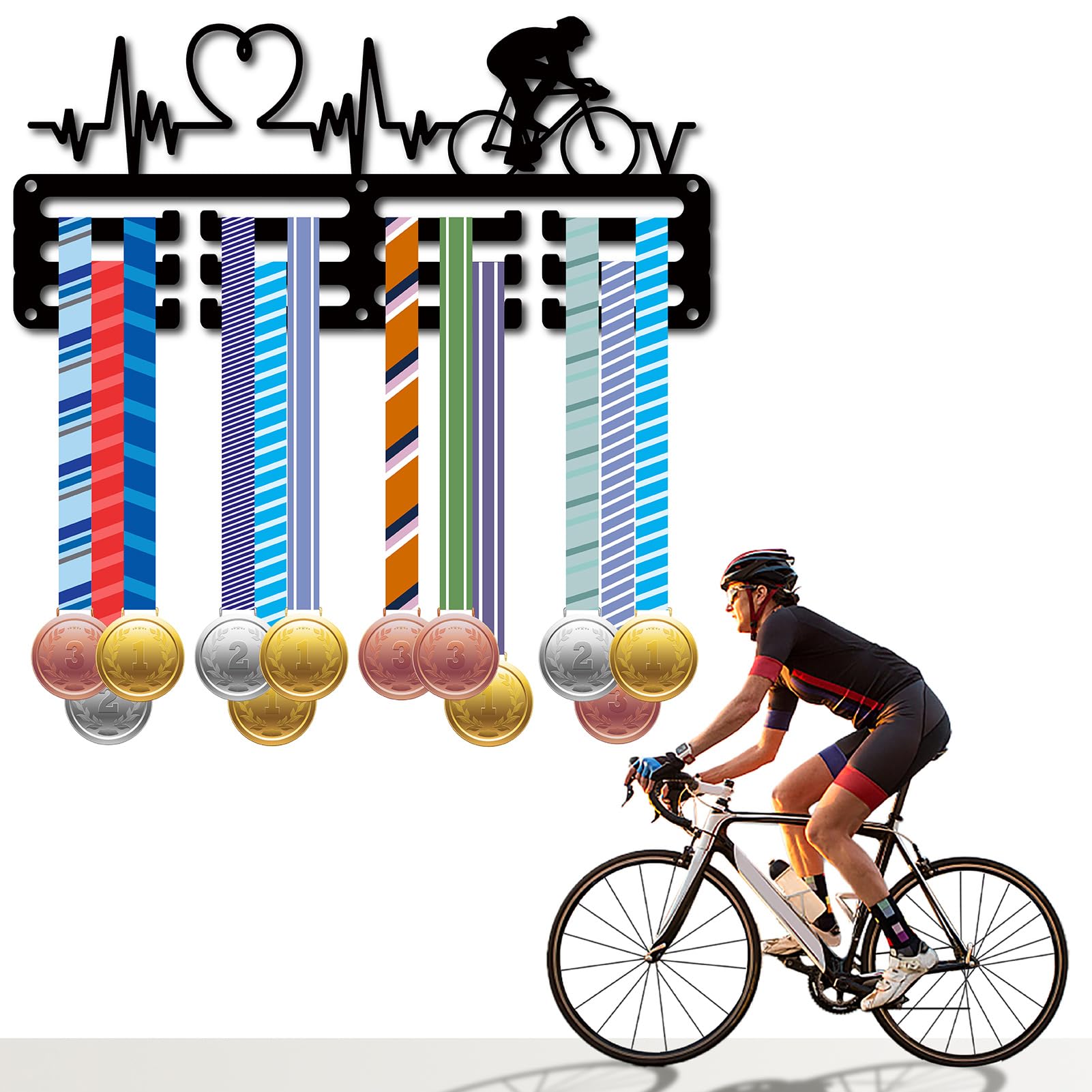 CREATCABIN Soporte para Medallas Ciclismo,Perchas Medallas Bicicleta,Estante Exhibición Deportes,Premios Colgantes Metal,Decoración Montaje Pequeño,Latido del Corazón para Maratón,Negro,29x13cm — view 7