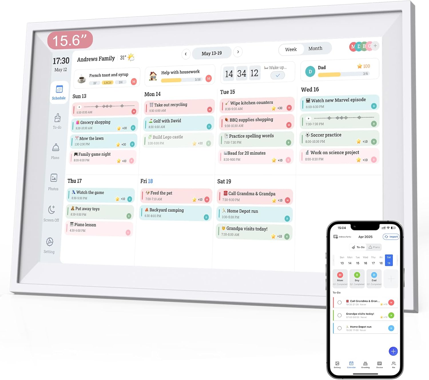 Digital Calendar 15.6" 64GB, Smart Electronic Calendar for Family Sharing To Do Chores Meal 30-Day Habit Planner Interactive Touch Screen Star Rewards,Wall and Desk Mountable for Seamless Scheduling