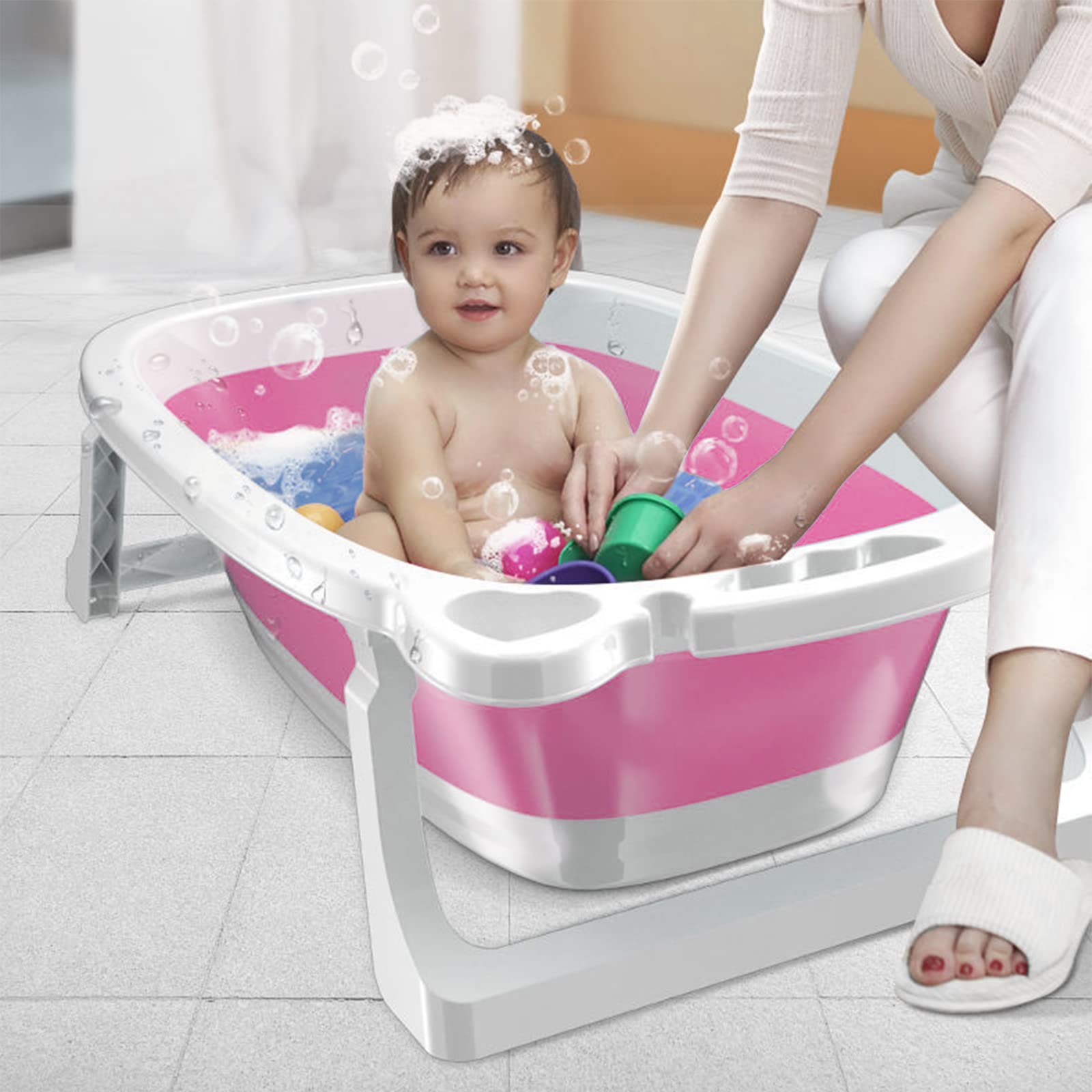 Bañera Plegable Multifuncional para Bebés y Niños Pequeños Con Termómetro, Cama de Baño y Juguetes, Antideslizante, 0-8 Años (Rosa)