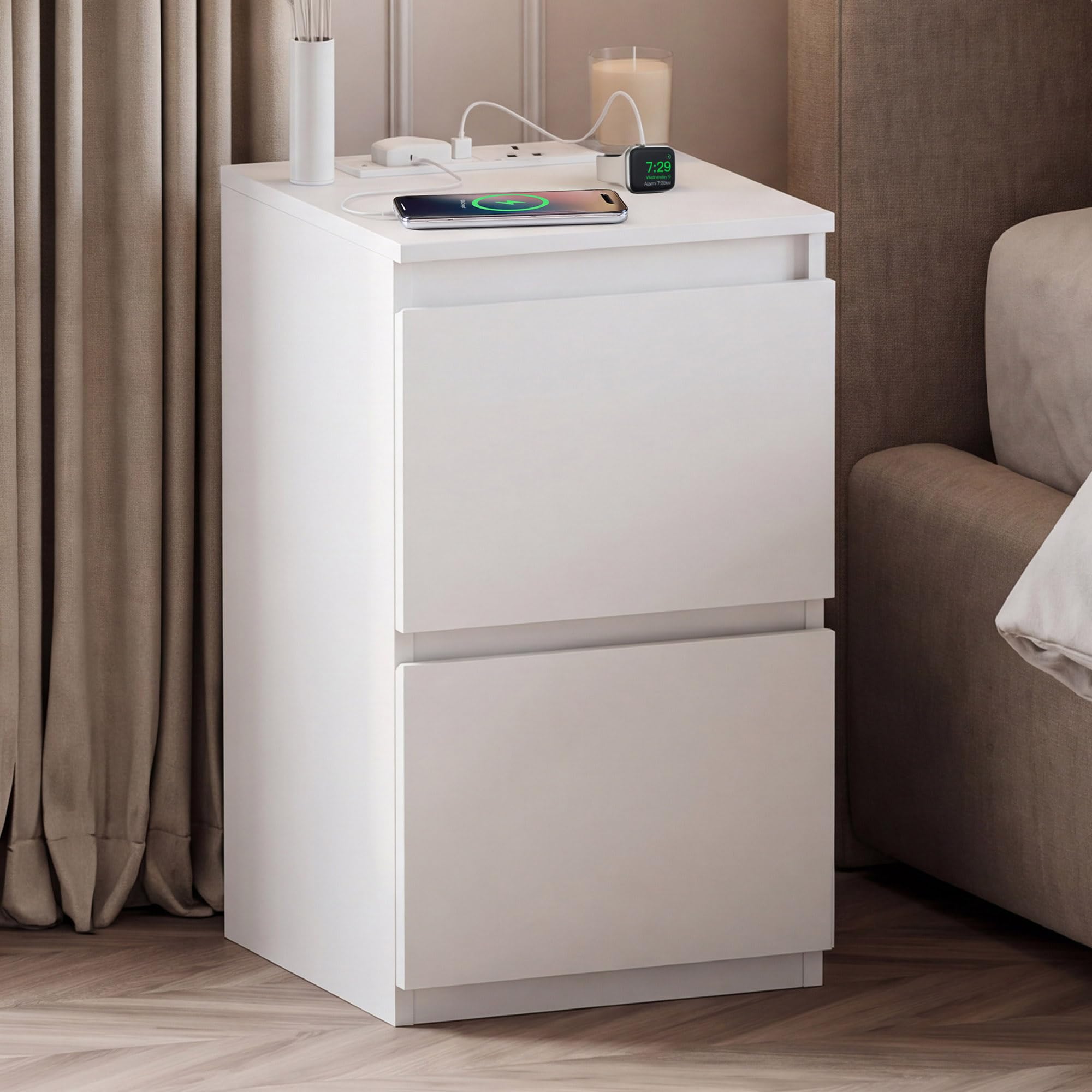 Vida Designs Denver 2 Drawer Bedside Cabinet White - Compact Space-Saving Nightstand with power outlet - 52H x 29.5W x 29.5D cm - Ideal for Bedroom & Guest Room