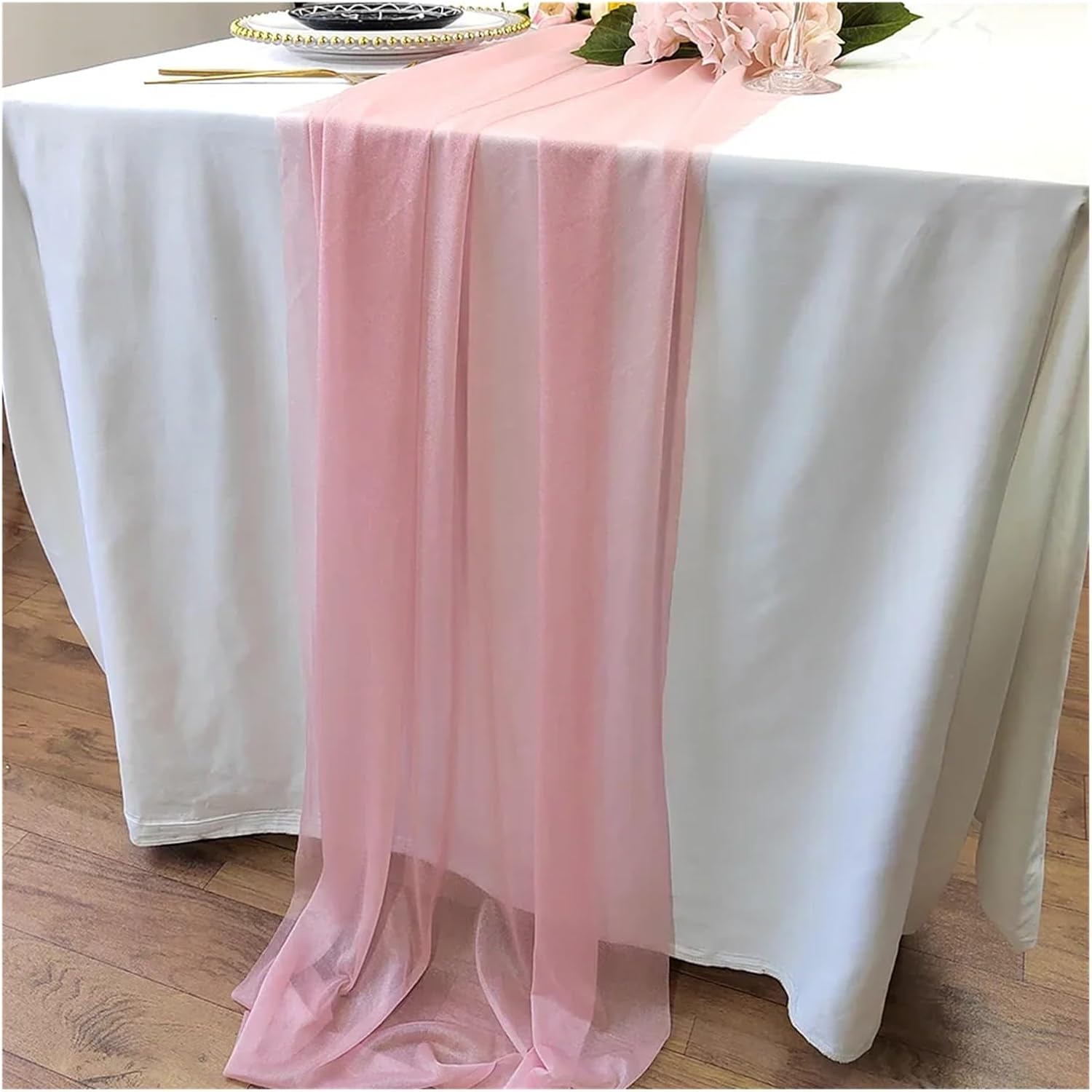 Table Runner Chiffon Table Runner Sheer Fabric Silk for Sheer Fabric Wedding Arch Overlay Draping Decoration Party Table Decor(Pink1,75x600CM)