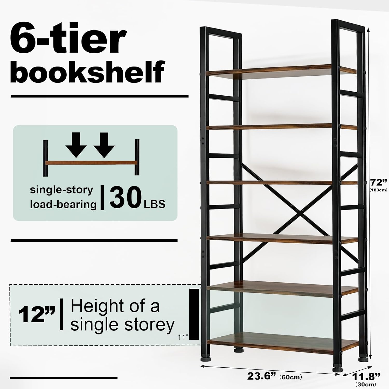 6 Tier Bookshelf, 72'' Tall Bookcase, Book Storage Shelves, Wood Book Shelf Organizer for Bedroom, Living Room and Home Office, Vintage