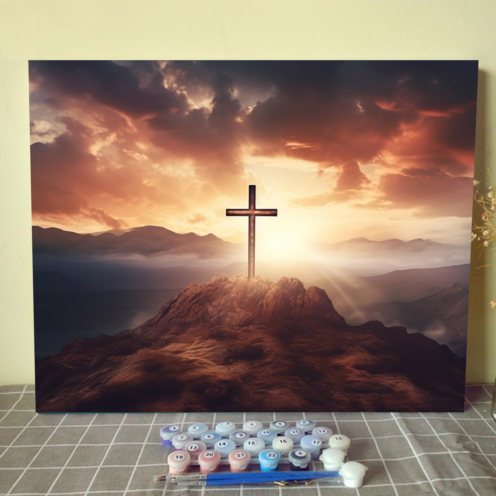 The Morning Light Falls on the Cross Paint by Numbers Kits for Adults DIY Canvas Oil Painting Acrylic Pigment Kits Christ Style Paint by Number Home Wall Art Decor Gift Artwork 16x20In (DIY Frame)