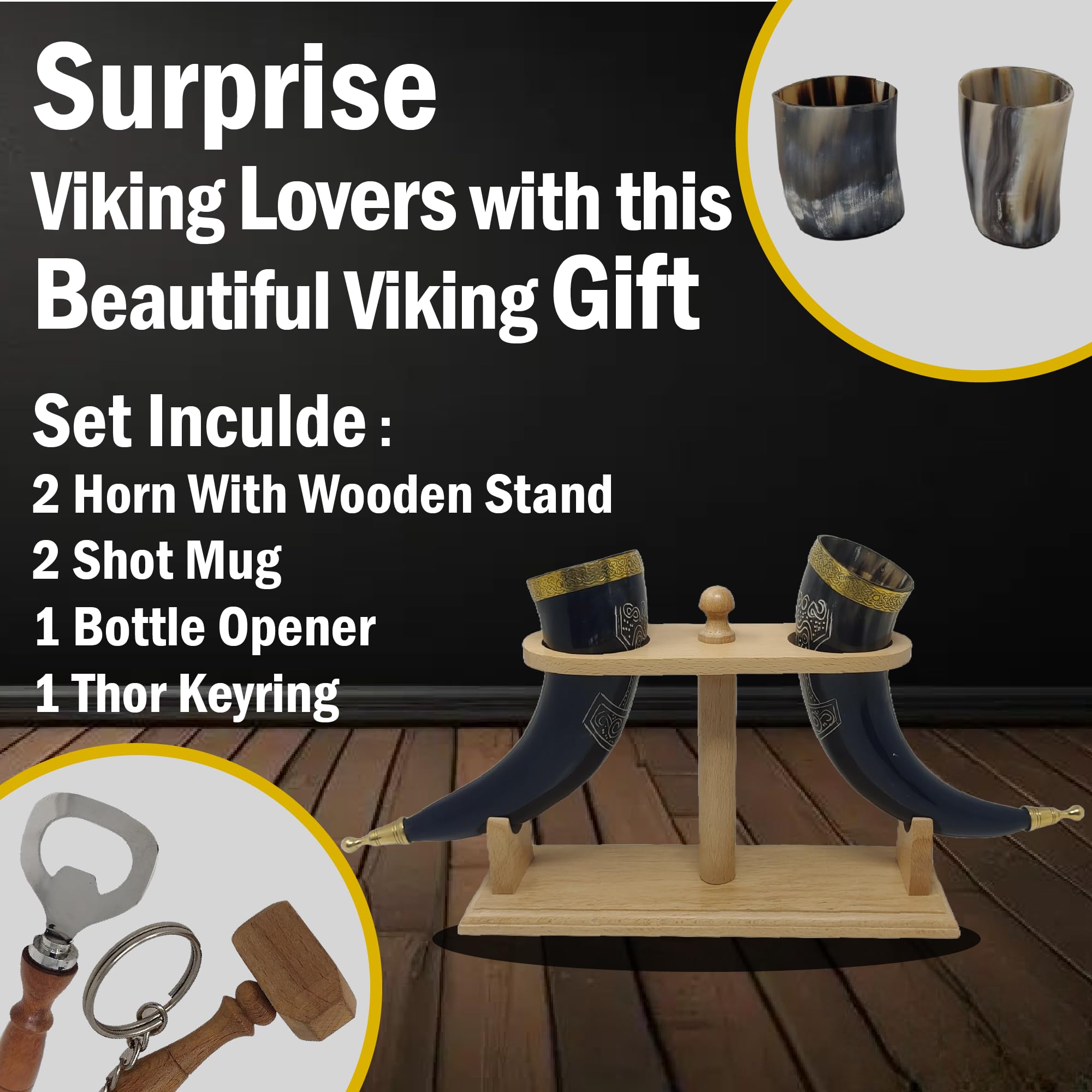 Viking róg wołu do picia, kufel lub kubek na ale, piwo, miód pitny, wino, kieliszek do szotów, otwieracz do butelek, w 100% szczelny, naturalny i ręcznie robiony, oferty zbiorcze (2 rogi ze stojakiem na drewno)