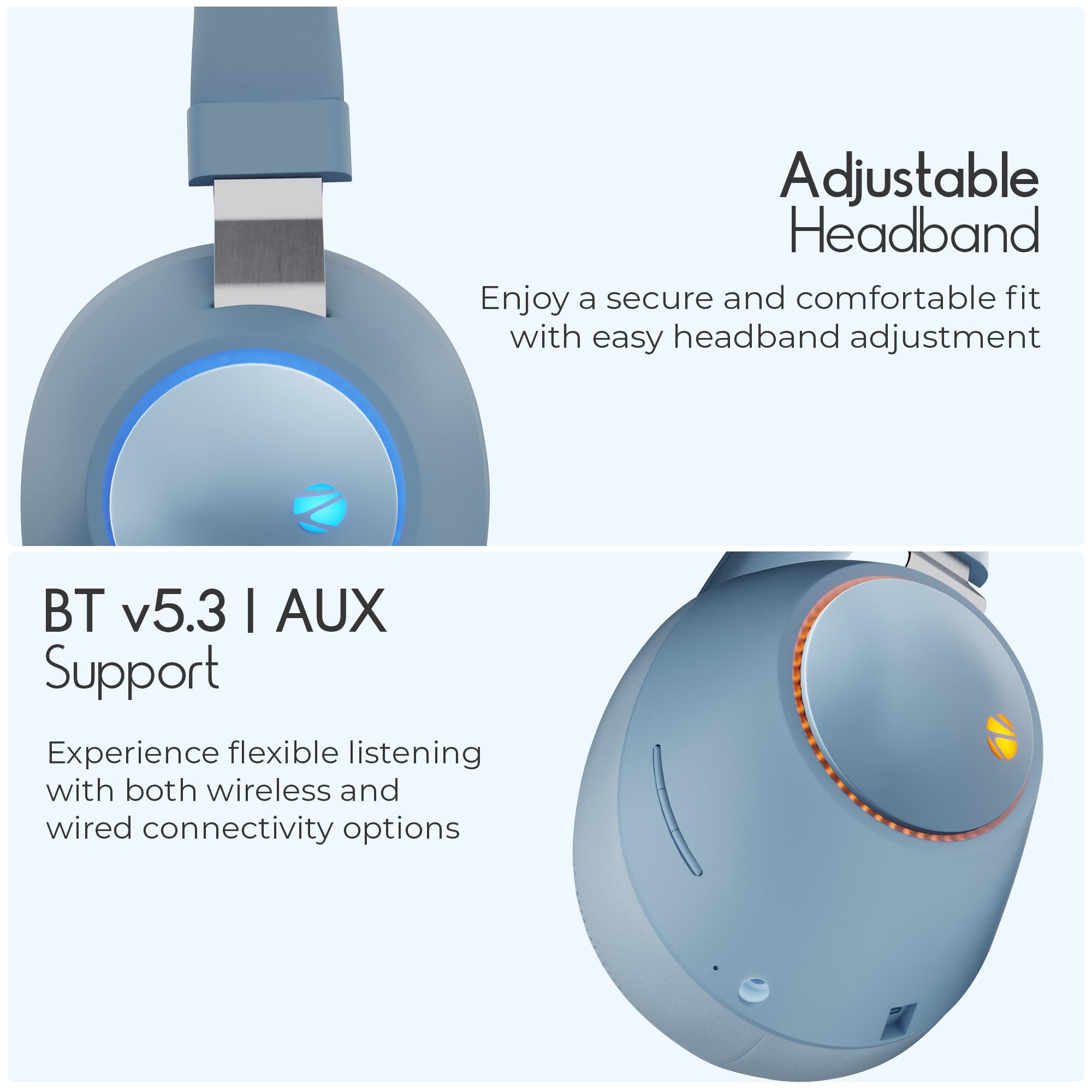 ZEBRONICS Duke (2026 Upgrade) Wireless Headphone, BT v5.3, Upto 60 hrs Playback, 40mm Drivers, Deep Bass, ENC, Gaming Mode, Dual Pairing, LED Lights, Media/Volume Control, Call Function (Blue) — Amazon image 7