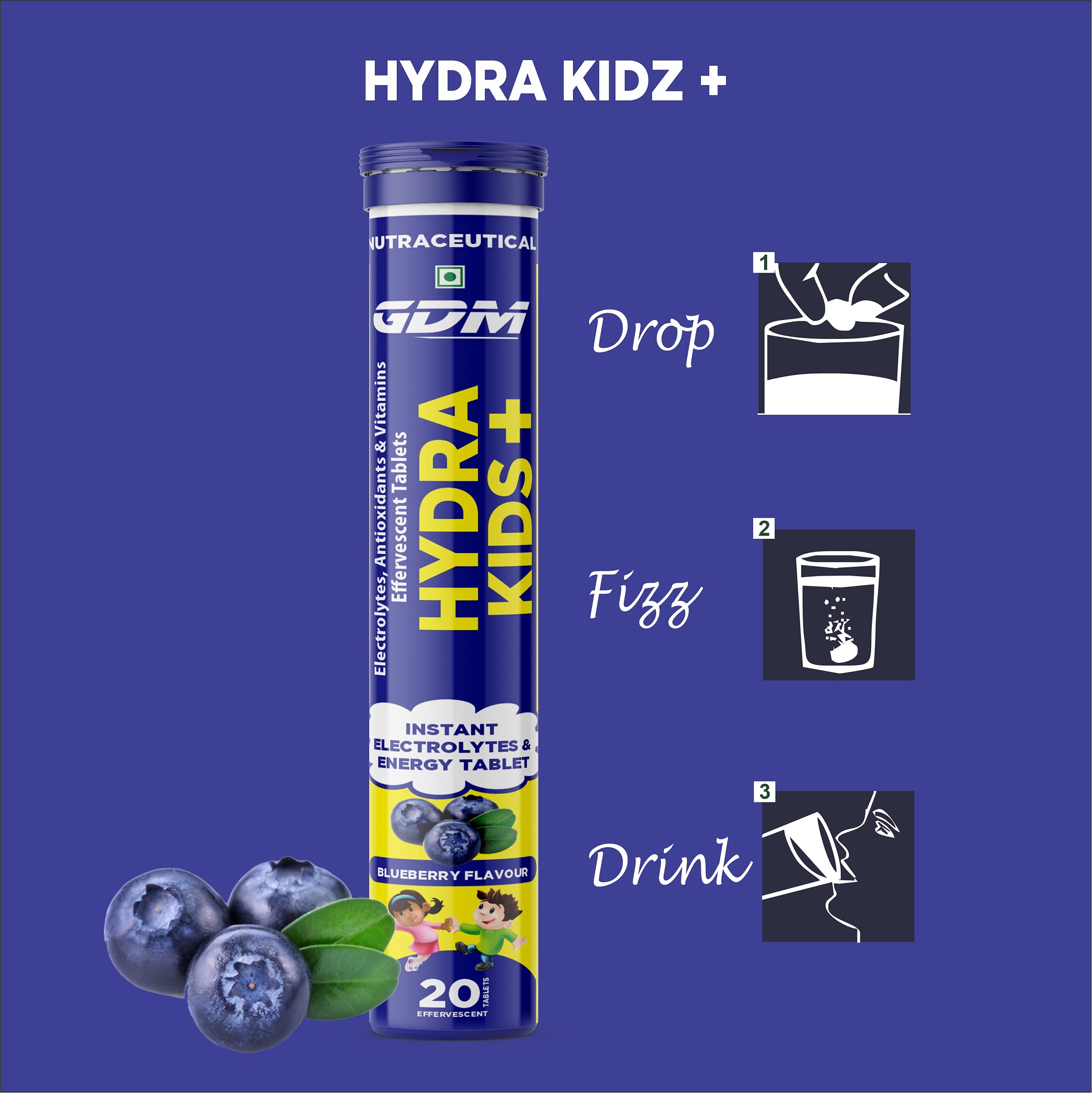 HYDRA KIDS + (ELECTROLYTES, ANTIOXIDANTS & VITAMINS) EFFERSVESCENT TABLETS (BLUEBERRY, PACK OF 20 TABLETS) — Amazon image 3