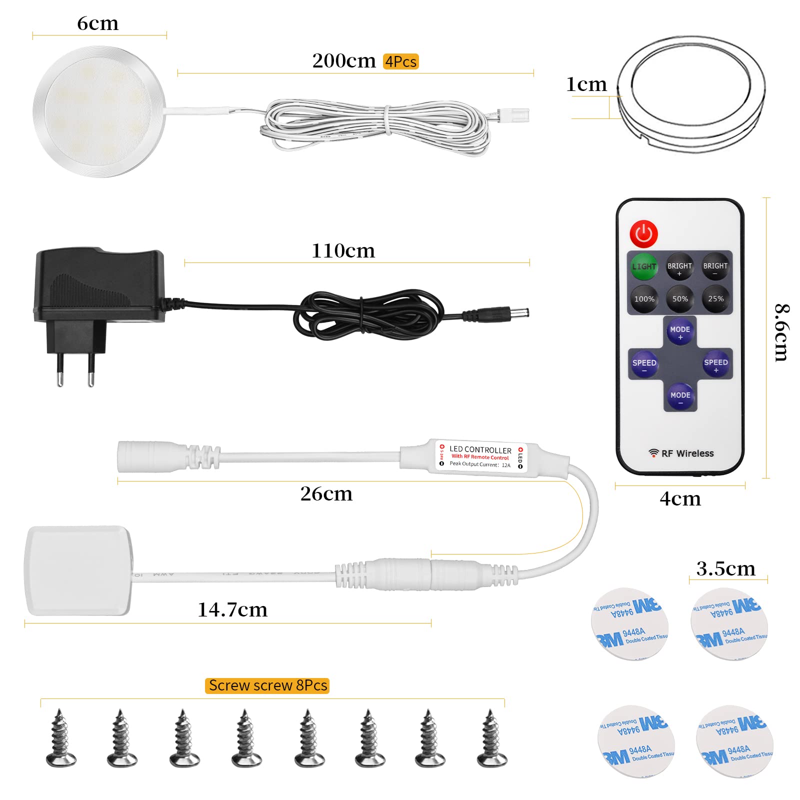 Luces para Gabinetes LED (4 luces, Blanco cálido) Luces de Armarios Regulables,12v 2.5w Para Vitrinaestantes de armarios de cocina y muebles de interior- 11 modos de iluminación
