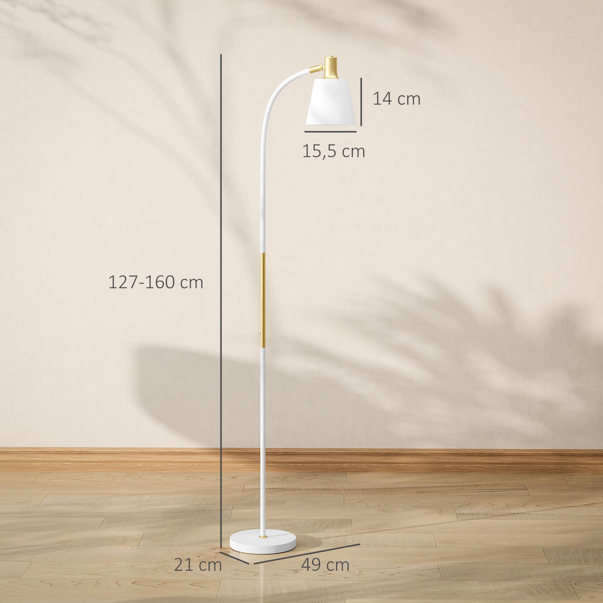 HOMCOM Lámpara de Pie LED con Altura Ajustable Pantalla Blanco y Dorado | Lámpara de Pie Salón, Interruptor Basculante, para Sala de Estar Oficina Dormitorio