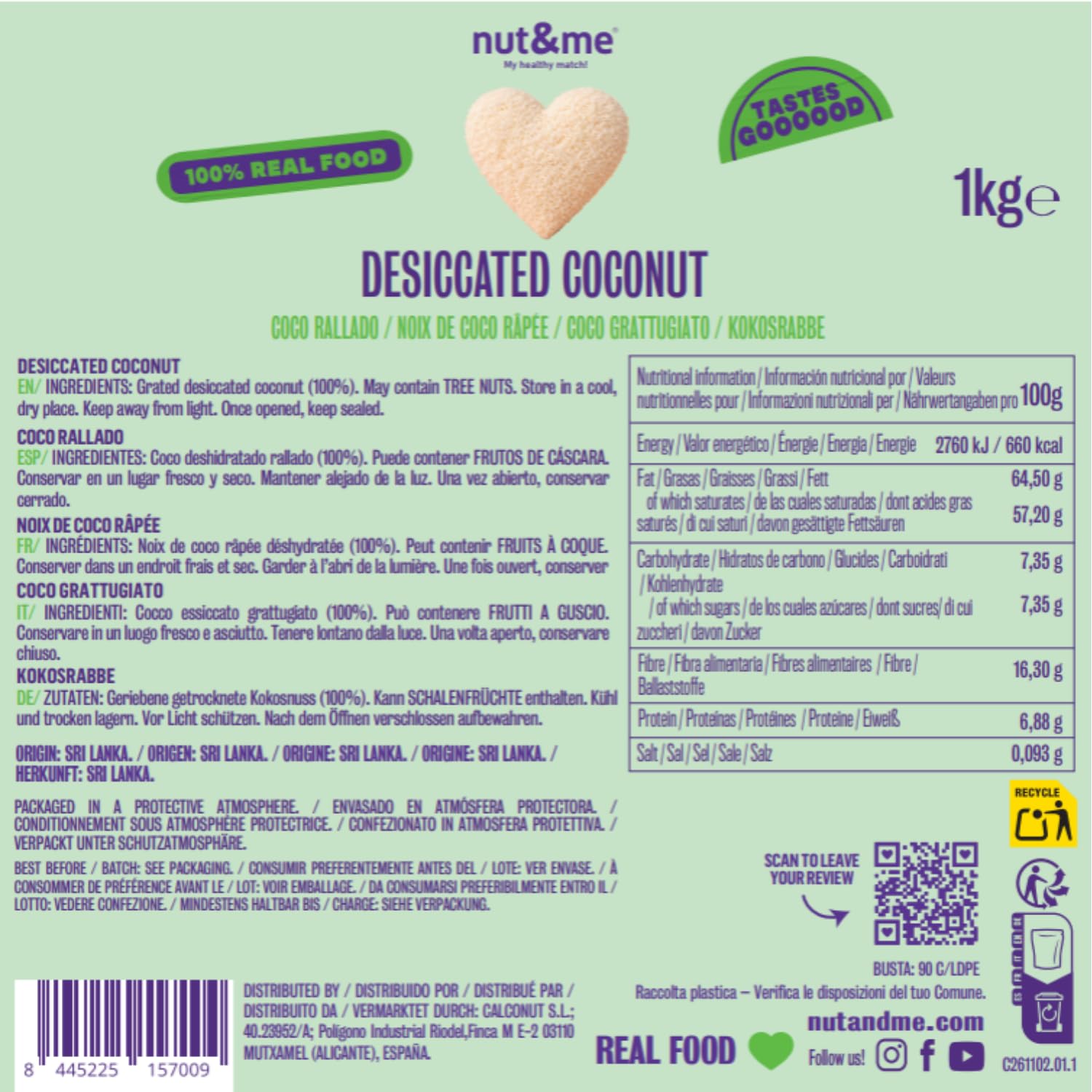 nut&me Coco rallado deshidratado de Sri Lanka 1 kg | Natural sin azúcar añadido, conservantes ni aditivos | Alto contenido en fibra | Sin Gluten | Perfecto para Repostería