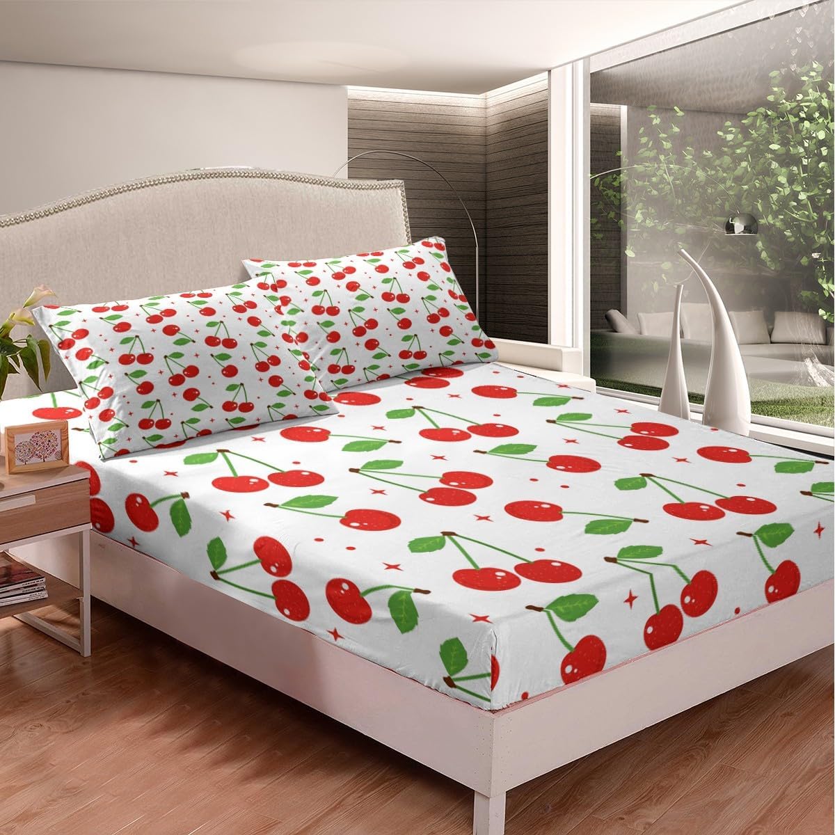 Feelyou Cherry Bed Sheets Set for Kids Boys Girls King Size Red Cherries Pattern Sheet Set Ultra Soft Cherry Prints Sheets with Deep Pocket Fitted Sheet Cute Fruit Room Decor Girly