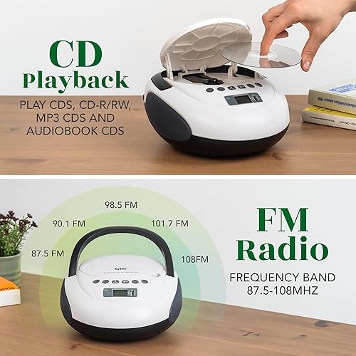 Miniatura 4 de Tyler Reproductor de CD portátil Boombox con radio FM, Bluetooth y puerto USB  Sonido estéreo claro  Compatible con CD-RRW y MP3 CDs  Entrada