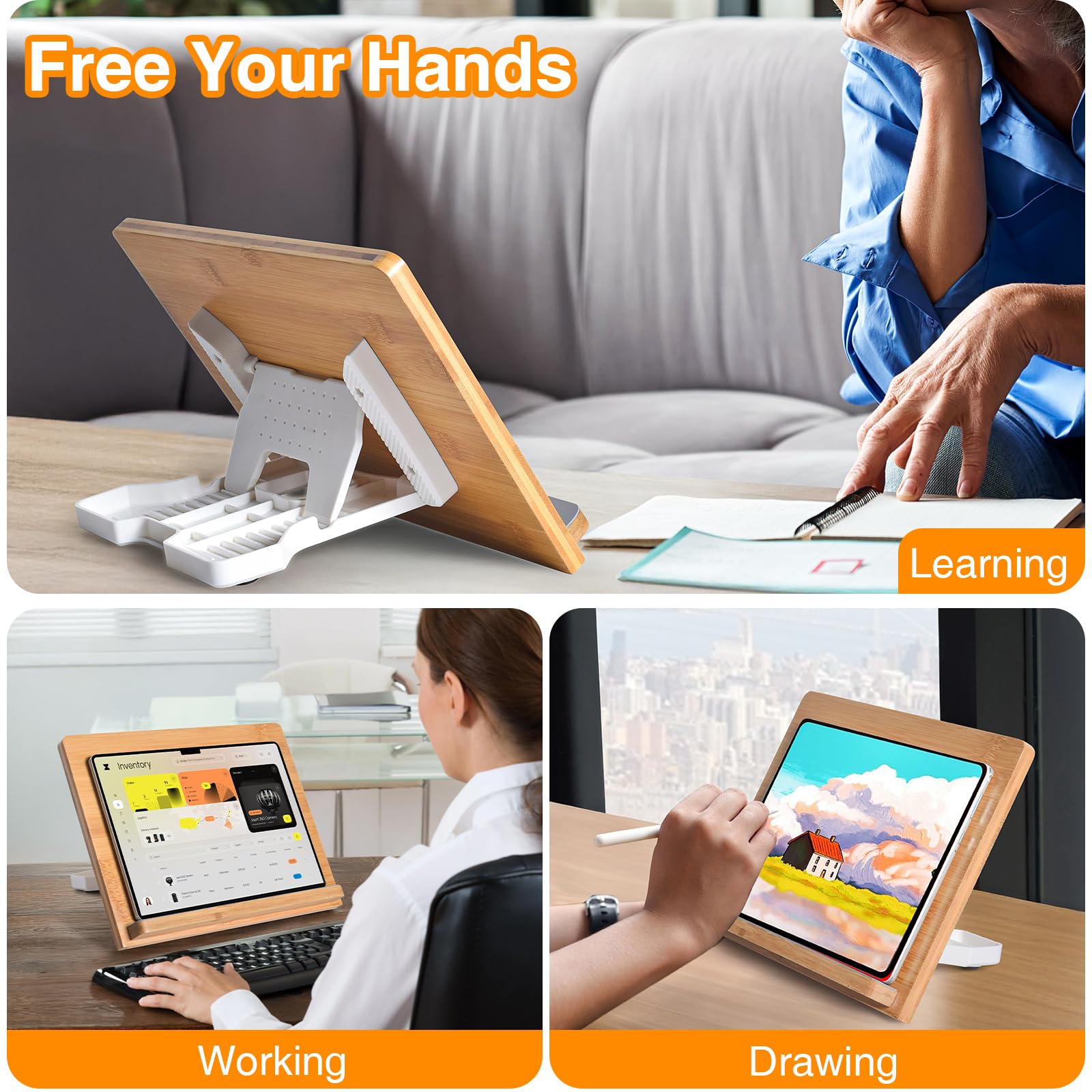 Supporto universale per tablet, 11 x 20,8 cm, compatibile con tablet e telefoni da 4,7 a 12,9 pollici, in legno di bambù