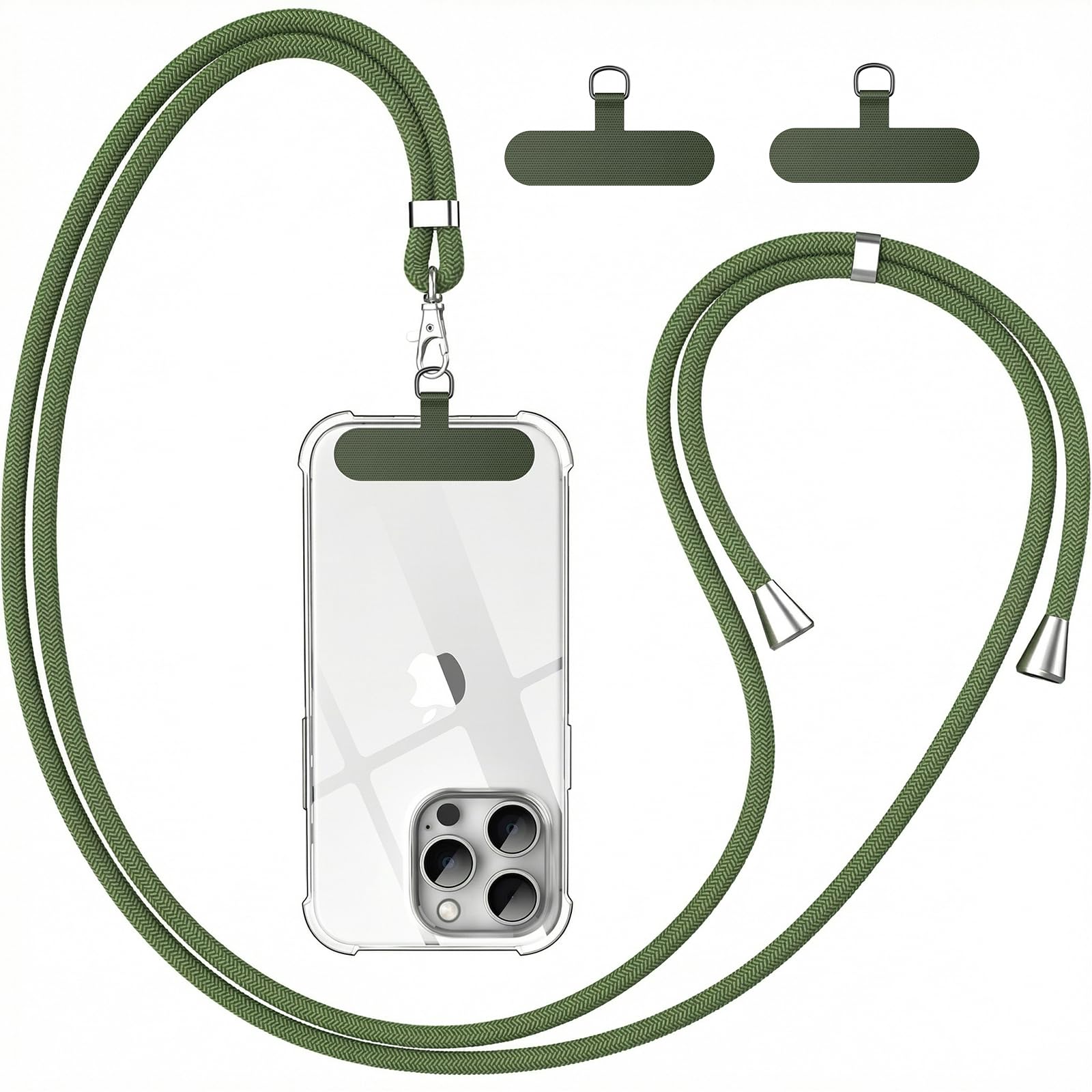 caslord Cordino per Cellulare*1, Patch Universali*2, Adatto a Tutti Gli Smartphone, Cinturino per Cellulare Abbinabile a Qualsiasi Custodia, Regolabile e Rimovibile-Verde oliva