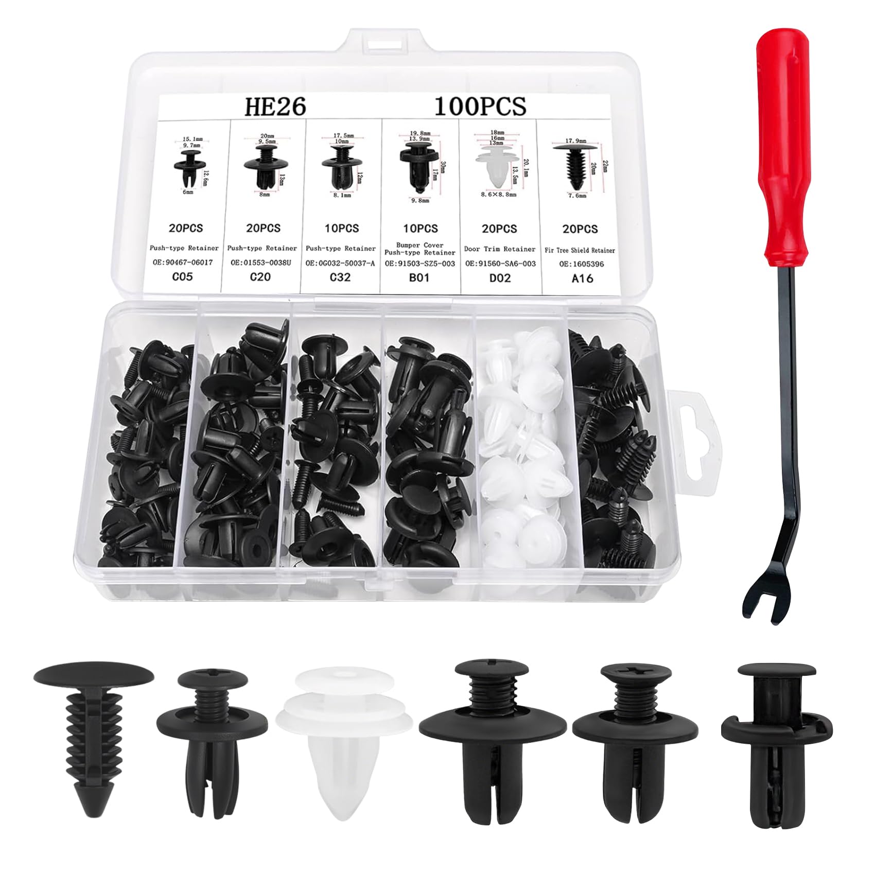 HQRNYP 100PCS Car Clips, Bumper Clips, 6 Popular Sizes of Car Body Fixed Clip Bumpers, Universal Auto Accessories Push-in Screw Bumper Push Rivet Clip