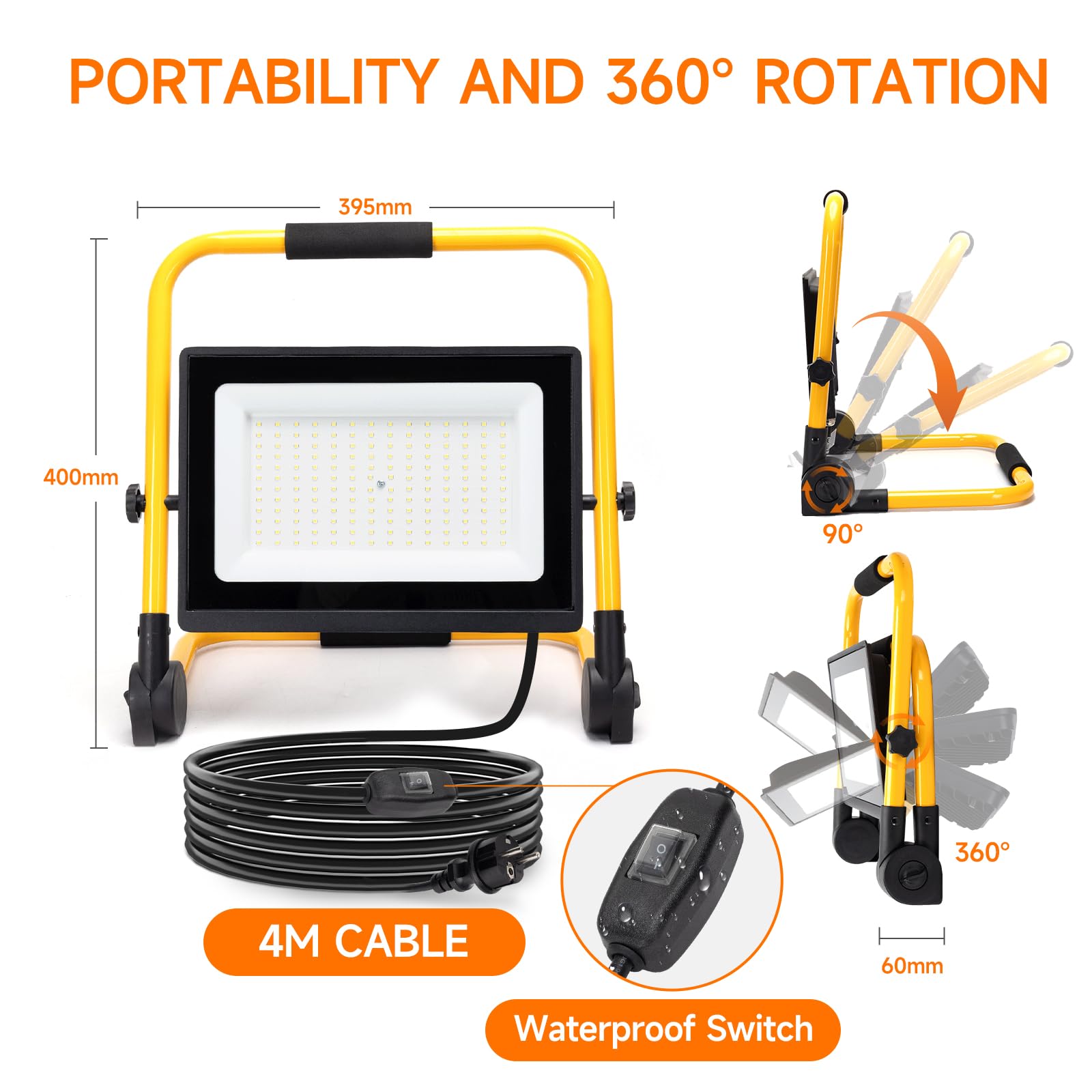 Aigostar Faretto LED da Cantiere 150W con Interruttore Impermeabile，13500 Lumen，4 Metri di Filo，Farò LED da Cantiere con Spina，Luce Bianca 6500K，Portatile，Ideale per cantiere edile， officina