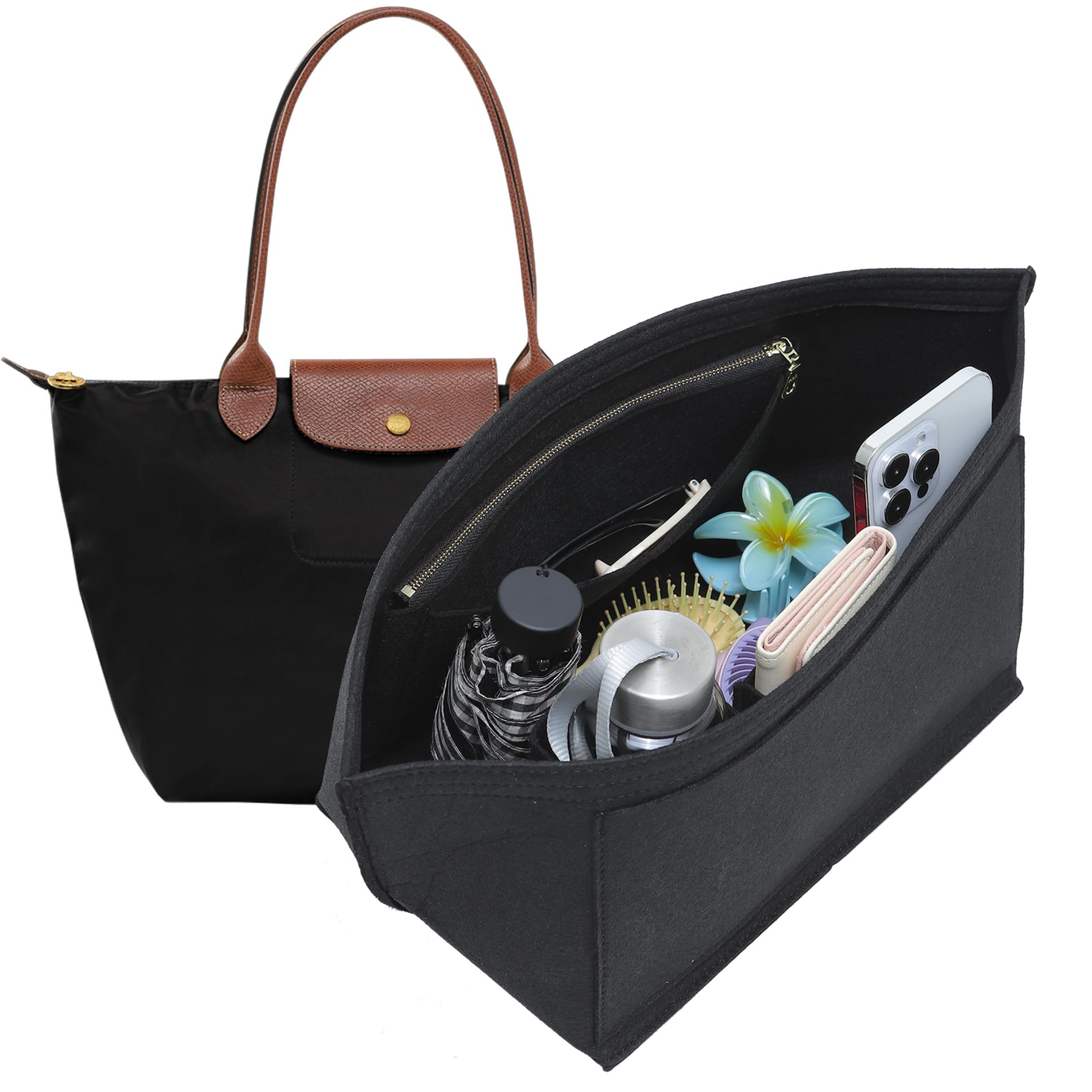 Doxo Longchamp Large Purse Organizer Insert, Bag Organizer with Cup Holder, Felt Zipper Long Champ Bag Organizer Insert Compatible with le pliage Tote