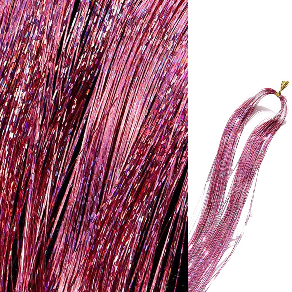 Pink Purple Hair Tinsel Kit with Tools Beads 2200 Strands 47 in Glitter Hair Extensions for Women Girls and Kids, Heat Proof Hair Accessories for Christmas Halloween Cosplay Party