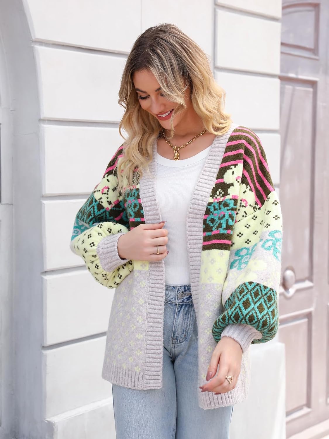 D-Sun Women's Printed Cardigan Sweater Front Open Long Sleeve Colorblock Cardigan Fall Winter Outwear Coats - Image 3