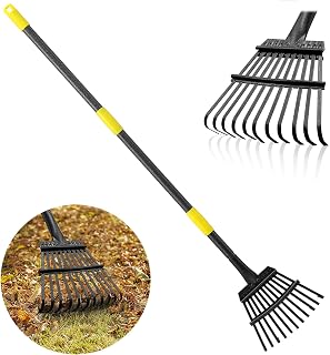 Feblomst Heavy Duty Leaf Rake for Lawns - 9" Narrow Head, 65" Adjustable Handle, 11 Steel Tines for Shrubs, Flower Beds & Camping