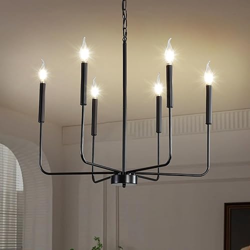 KAMLAM Moderno candelabro rústico negro de 6 luces, candelabro clásico E12, lámpara colgante de vela ajustable para comedor, cocina, sala de estar,