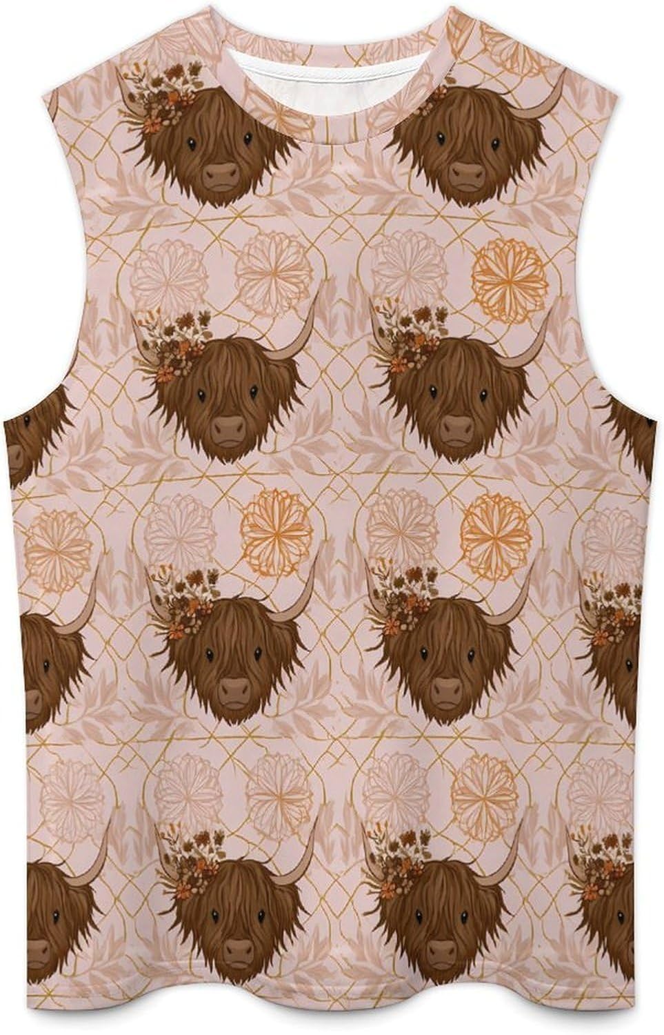 Highland Cow with Flower Men Summer Sleeveless Crew Neck Top 5XL