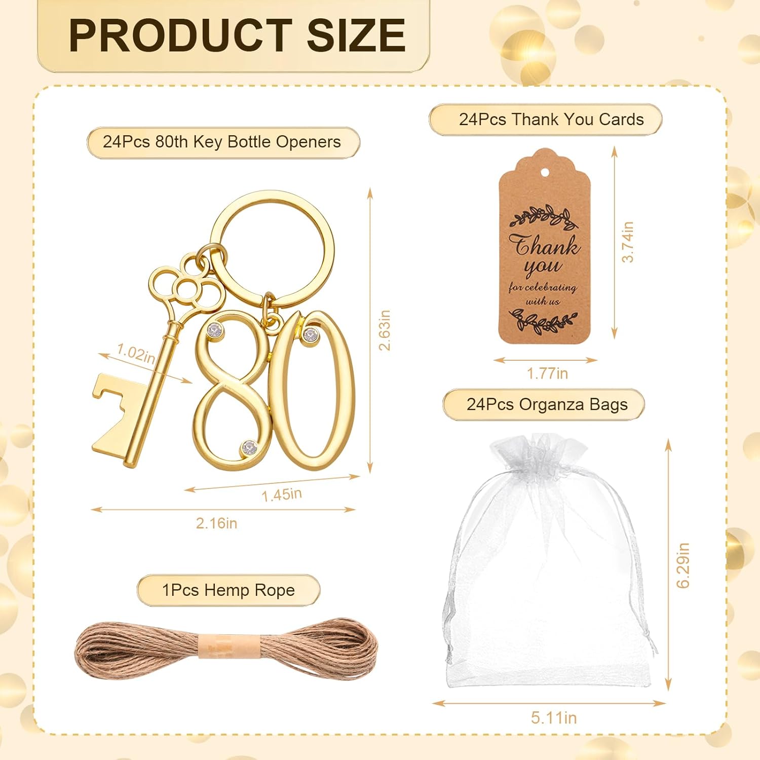 24Pcs 80th Key Bottle Openers Keychain Bulk 80th Birthday Party Favors, 80th Gold Beer Key Chain Ring Bottle Opener 80 Wedding Anniversary Return Gifts Party Decorations or Souvenirs for Guests