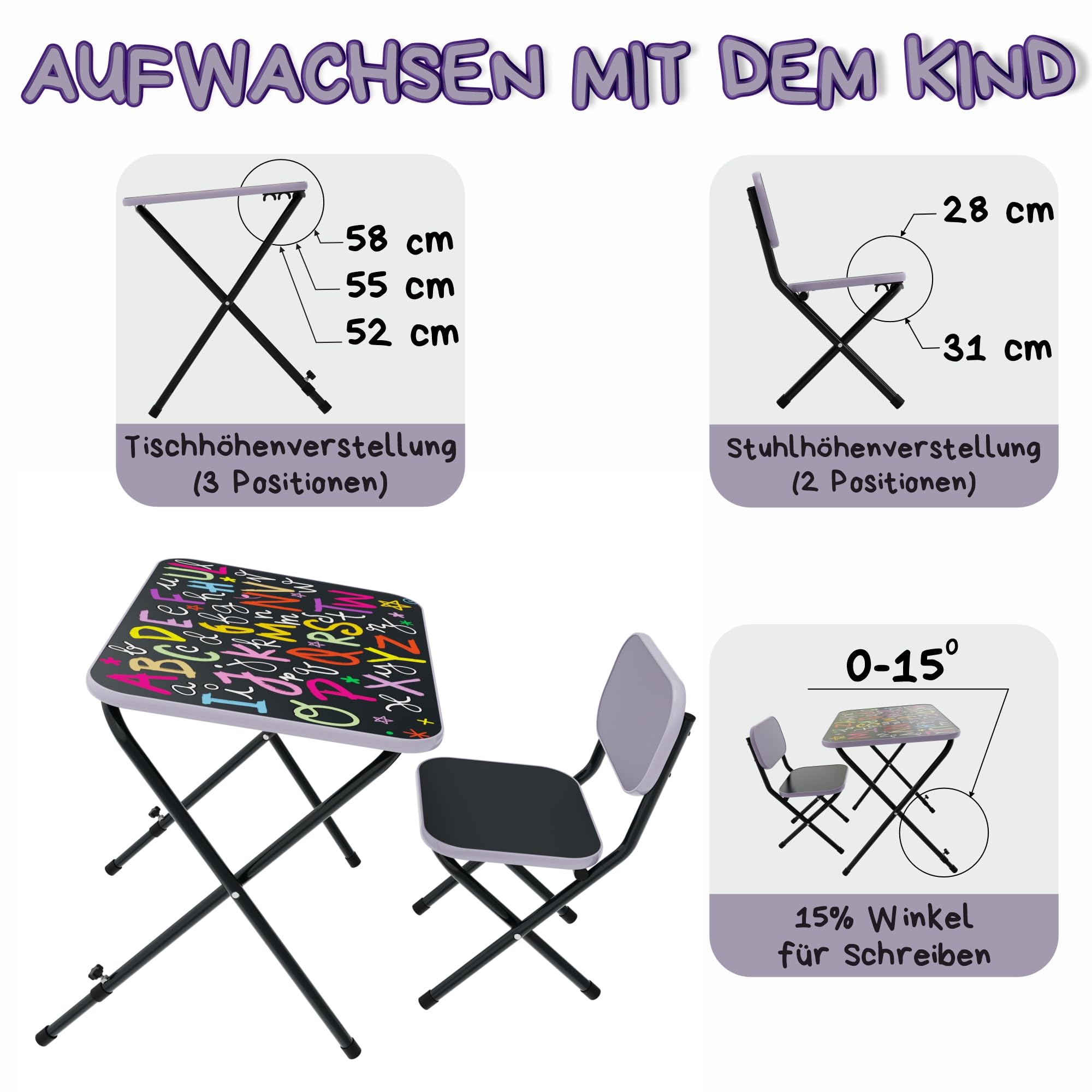 Kindertisch mit 2 Stühlen – Praktisches Spieltisch-Set für Kleinkinder – Klappbare und mitwachsende Kindersitzgruppe, Kindertisch mit verstellbarer Tischplatenneigung (Alphabet, lila)