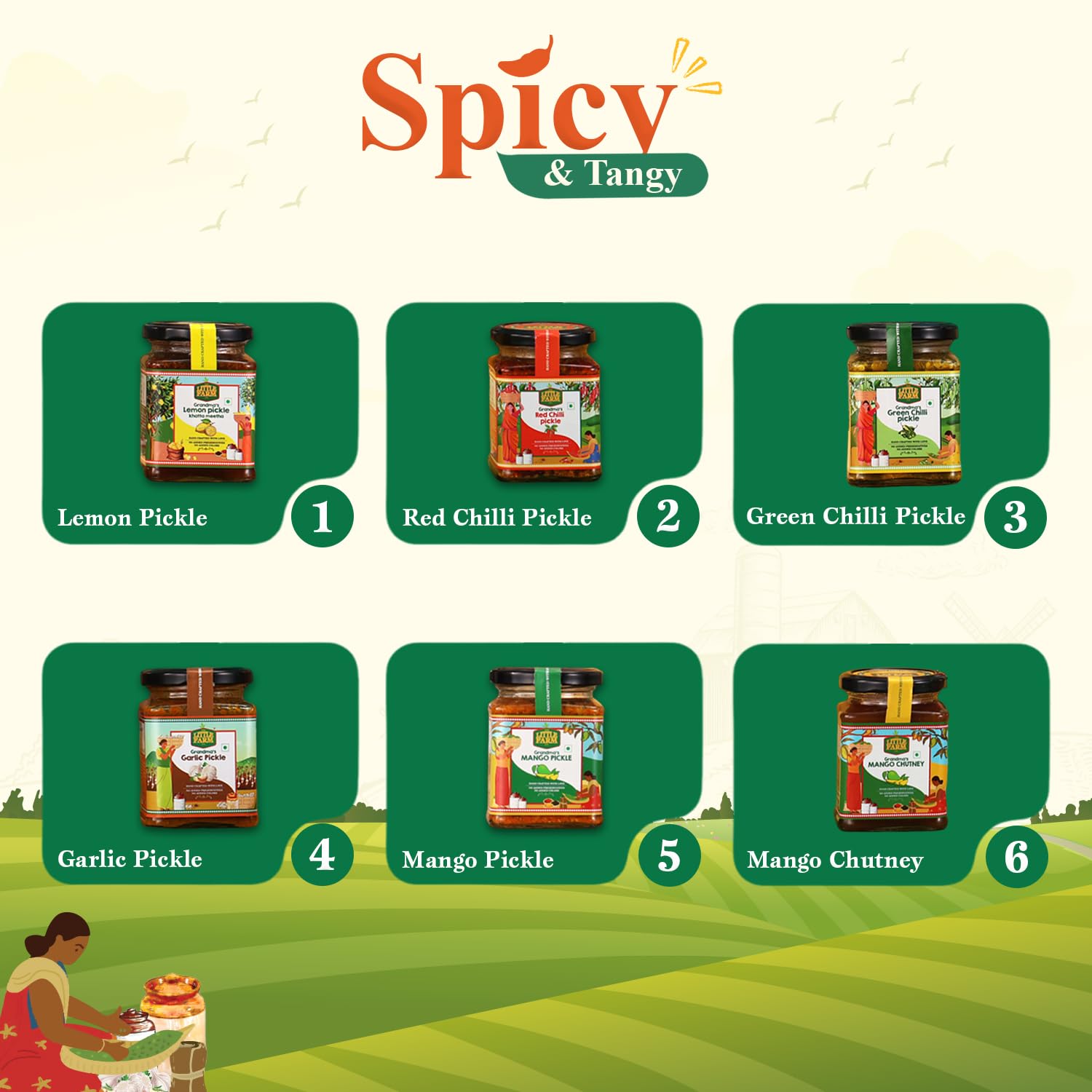 THE LITTLE FARM CO Homestyle Special Pickle Assorted Box (250g x 6) - Mango, Lemon Khatta Meetha, Red Chilli, Green Chilli, Garlic, and Mango Chutney |Perfect For Gifting for Flavorful Celebrations 3